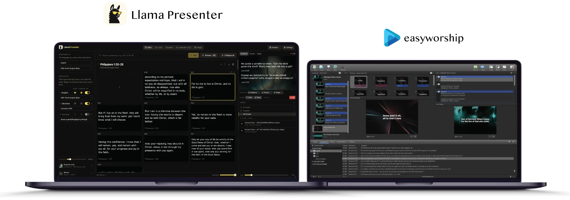 The LlamaPresenter console open in a browser on one laptop, with the EasyWorship desktop app running on a second laptop beside it