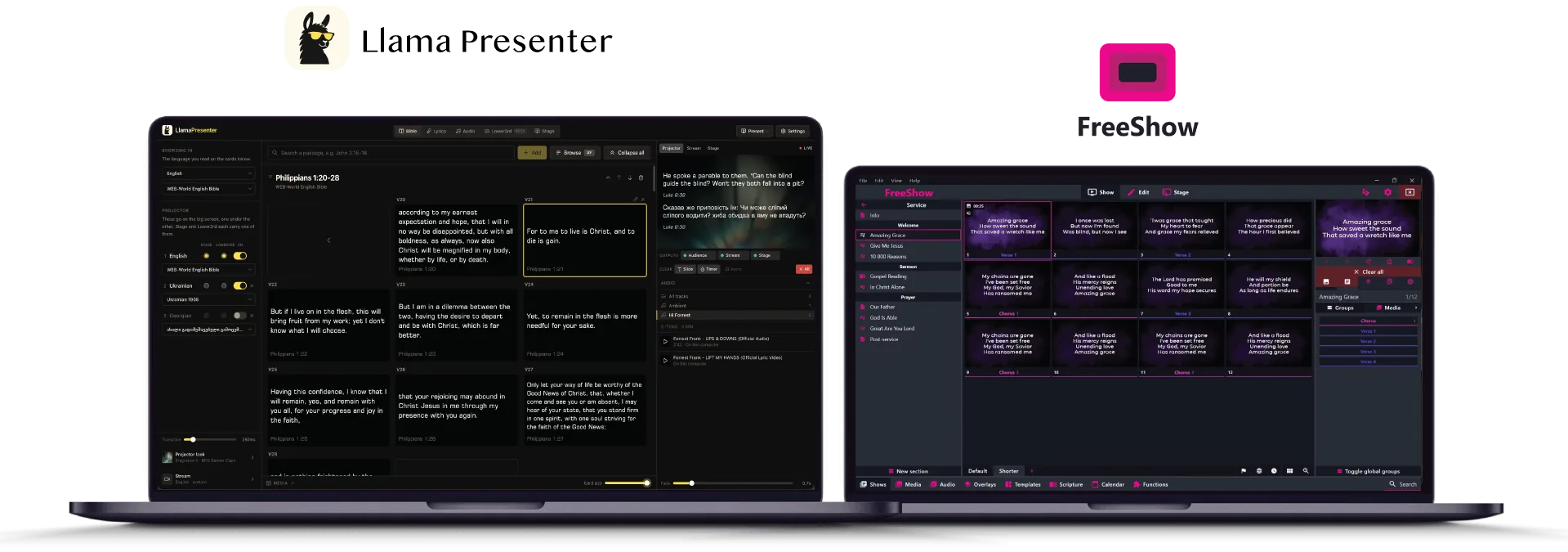 The LlamaPresenter console open in a browser on one laptop, with the FreeShow desktop app running on a second laptop beside it