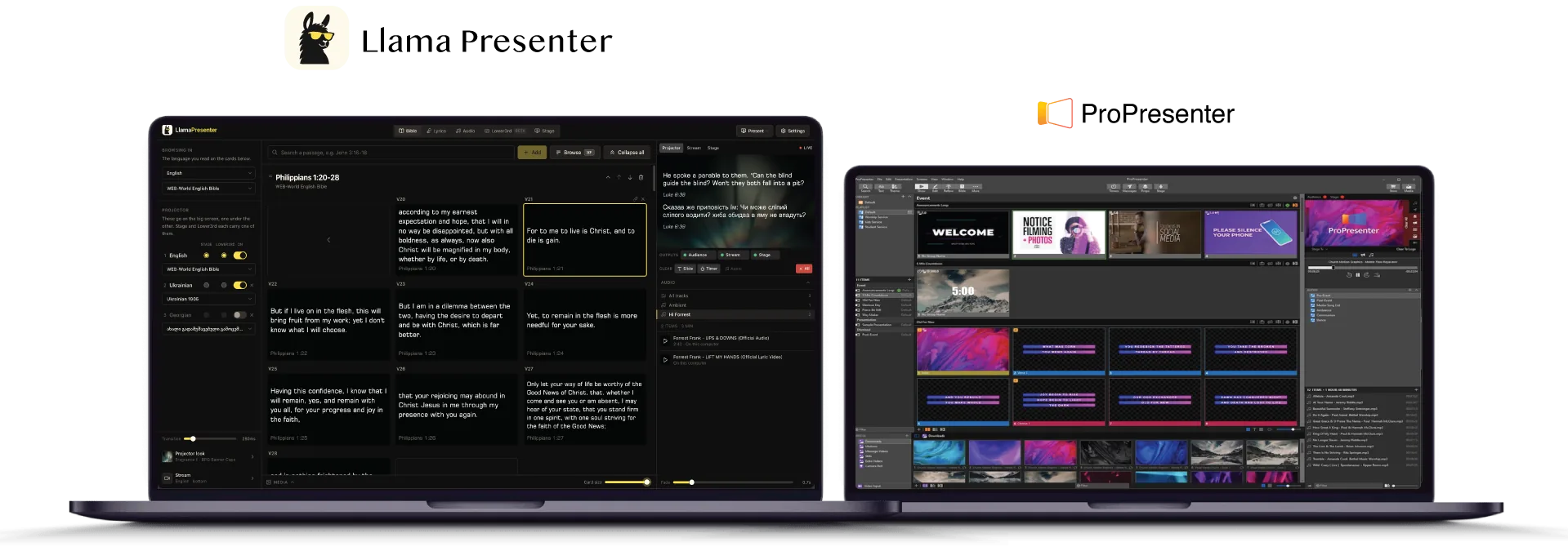 The LlamaPresenter console open in a browser on one laptop, with ProPresenter running on a second laptop beside it
