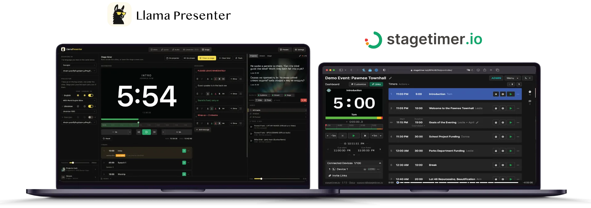 The LlamaPresenter stage timer open in a browser on one laptop, with the StageTimer controller on a second laptop beside it