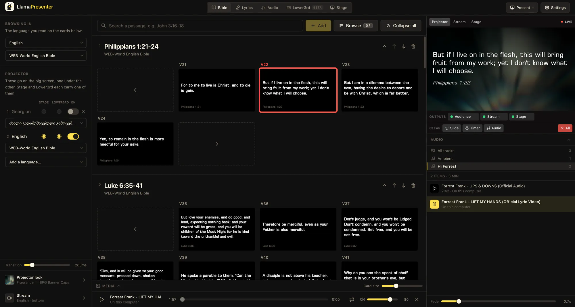 The LlamaPresenter console in a browser, with Bible verse cards in the middle and the live projector preview, outputs and audio playlist on the right