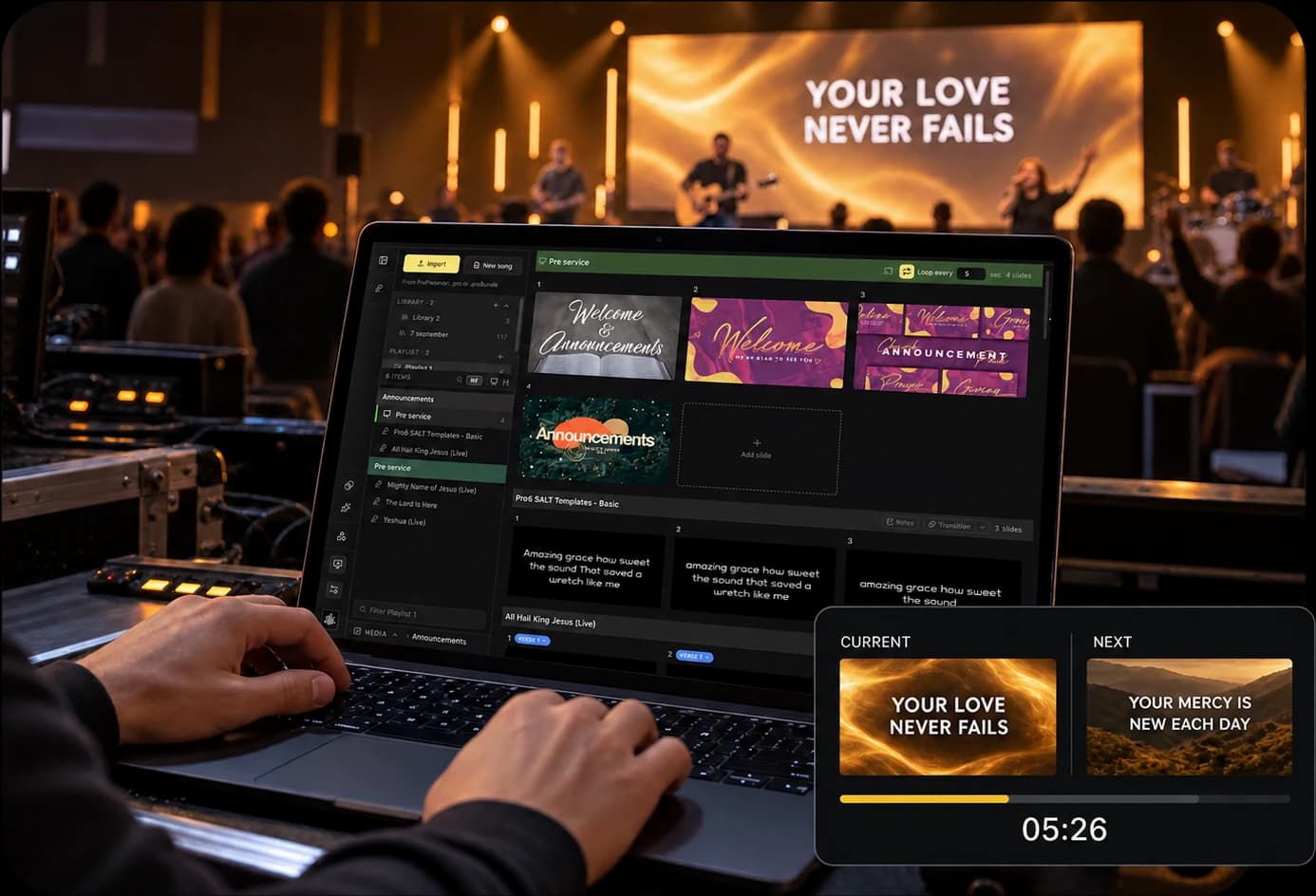 Illustration of a laptop controlling church presentations with current and next stage slide previews