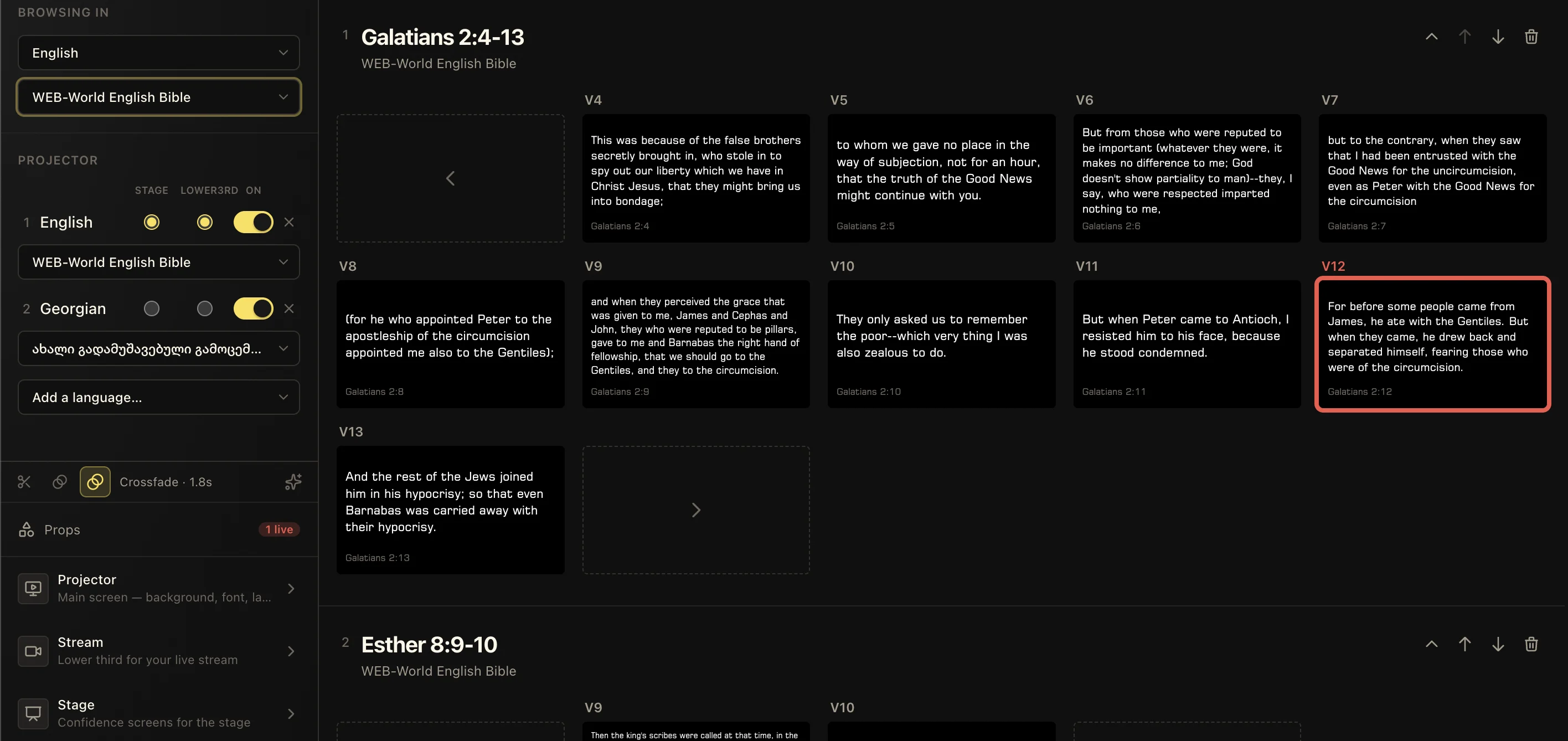 LlamaPresenter scripture workspace showing a passage as verse cards with English and Georgian output controls