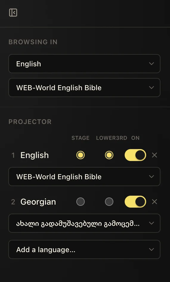 LlamaPresenter projector language controls with English and Georgian translations and separate stage and lower-third options