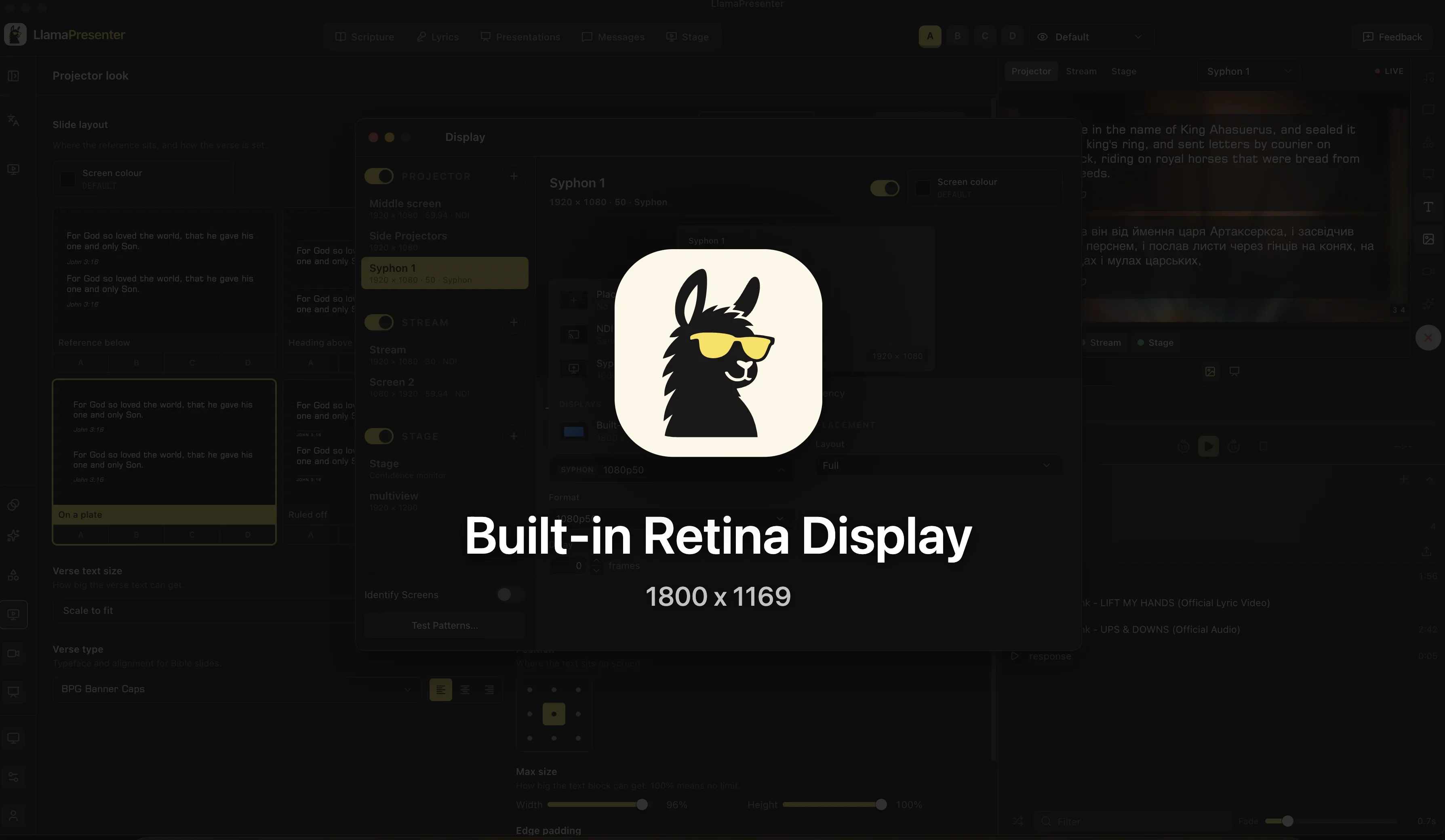 Screen identification overlay showing the LlamaPresenter logo, Built-in Retina Display name, and 1800 × 1169 dimensions