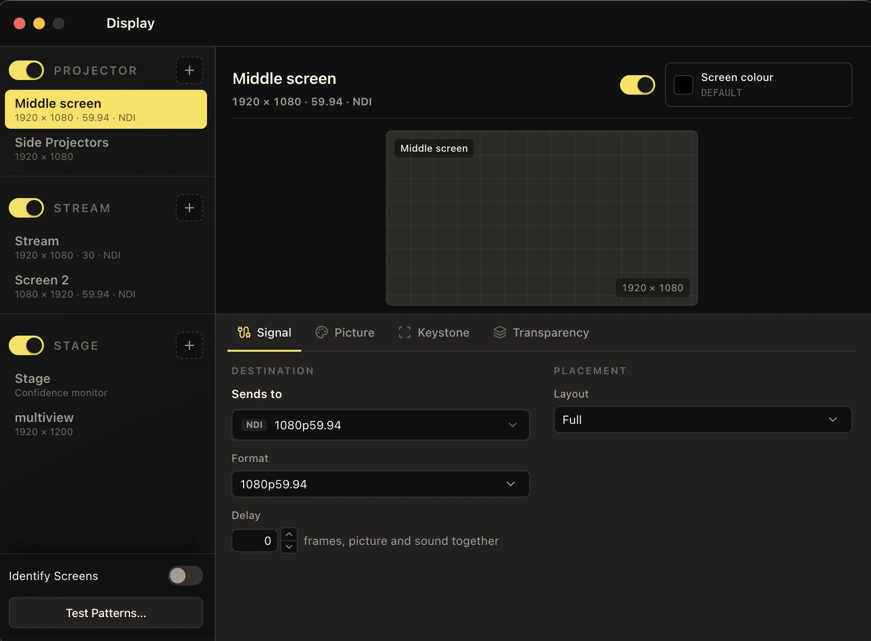 Display window with Projector, Stream, and Stage output groups and Middle screen Signal settings