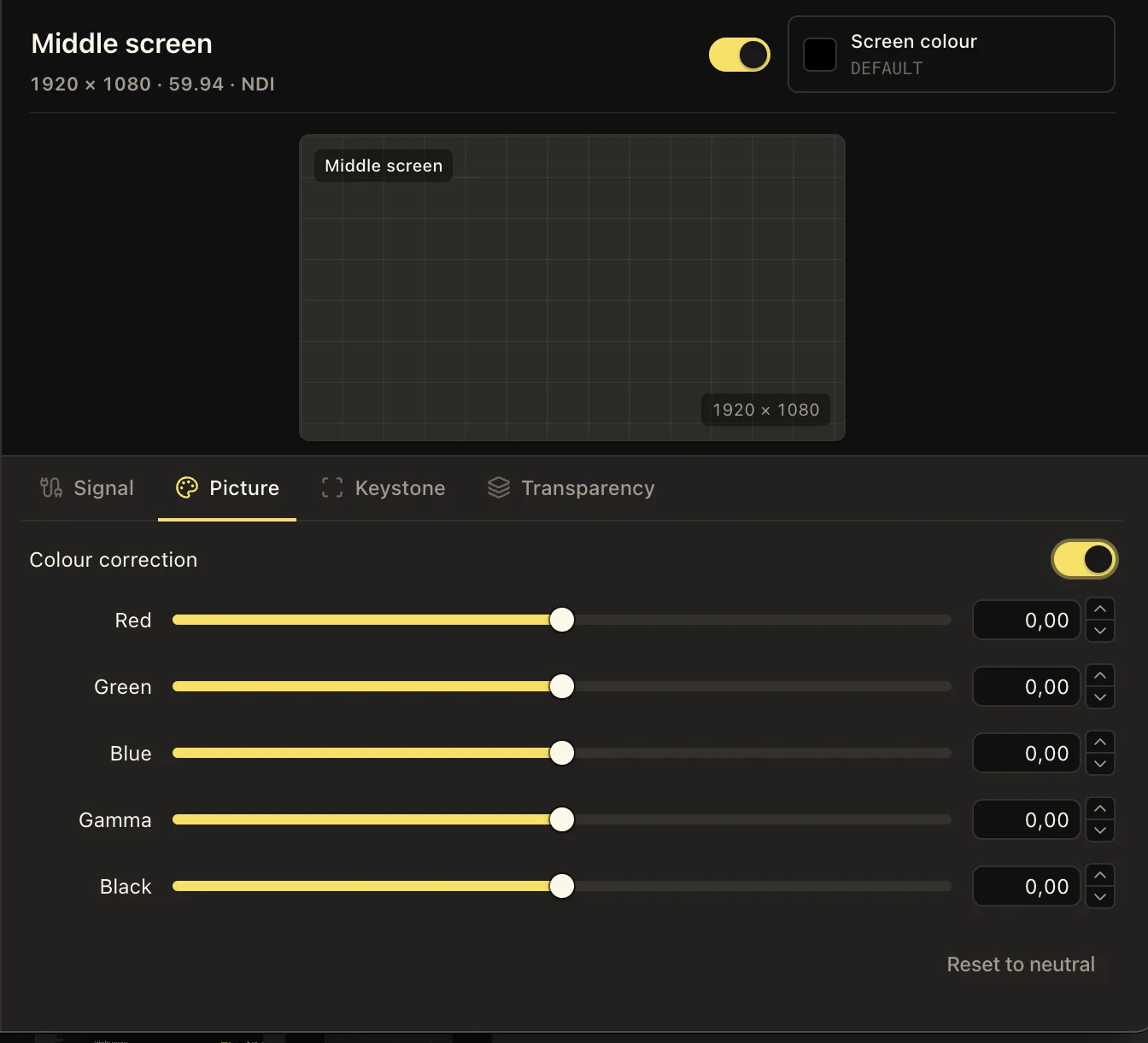 Picture tab showing enabled Colour correction with Red, Green, Blue, Gamma, Black, and Reset to neutral controls