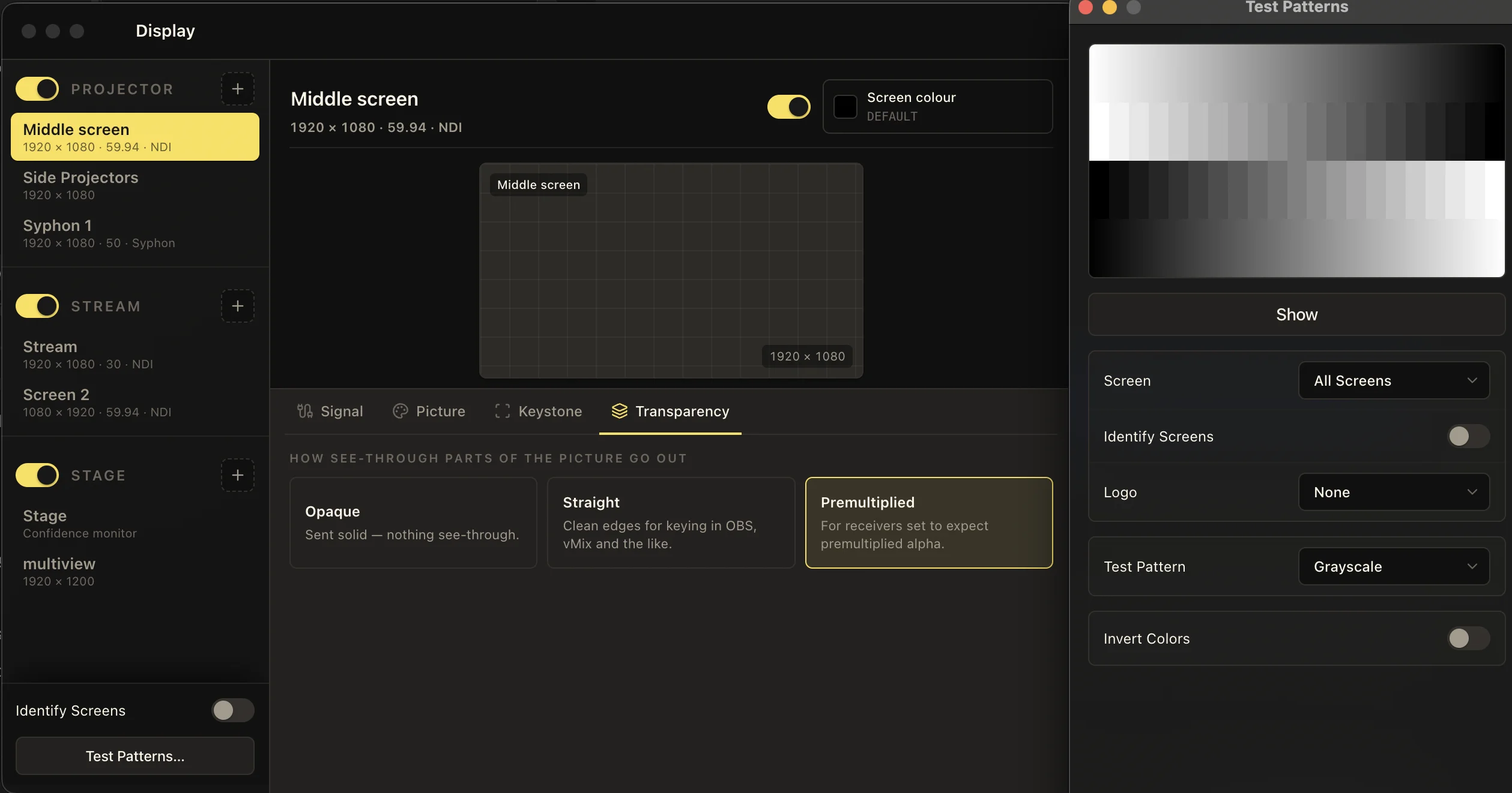 Display settings beside the Test Patterns window with Grayscale selected