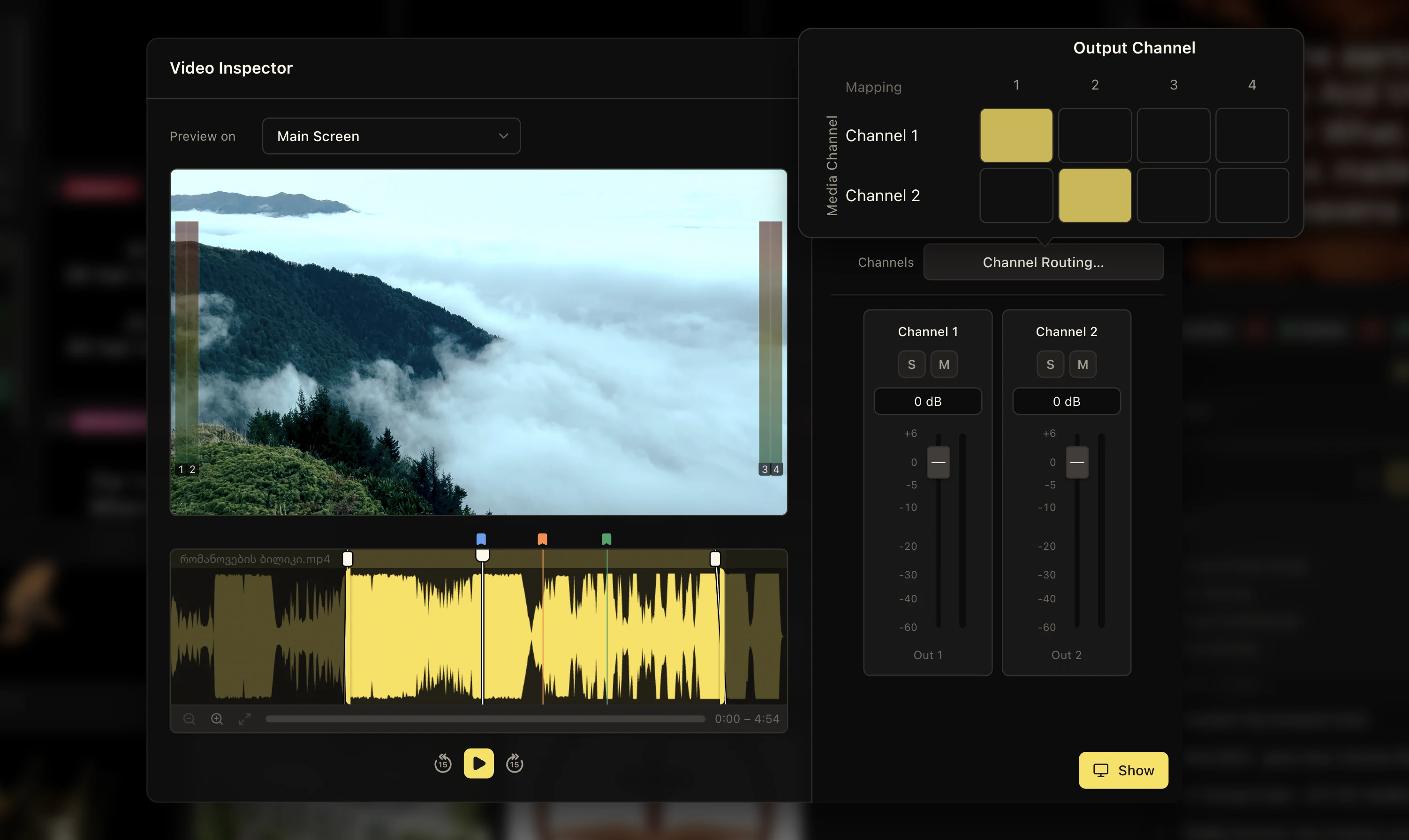 LlamaPresenter Audio tab with two channel strips and an Output Channel routing matrix