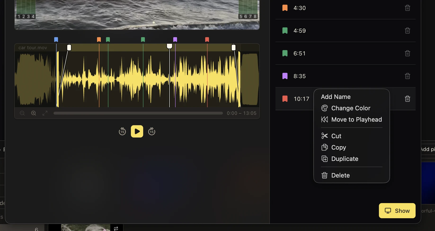 Media Inspector bookmark list and bookmark action menu beside a waveform with colored cue flags