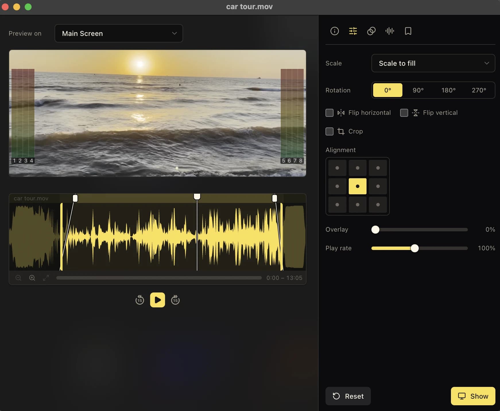 Media Inspector with an ocean video, waveform, rotation, crop, alignment, overlay, and play-rate controls