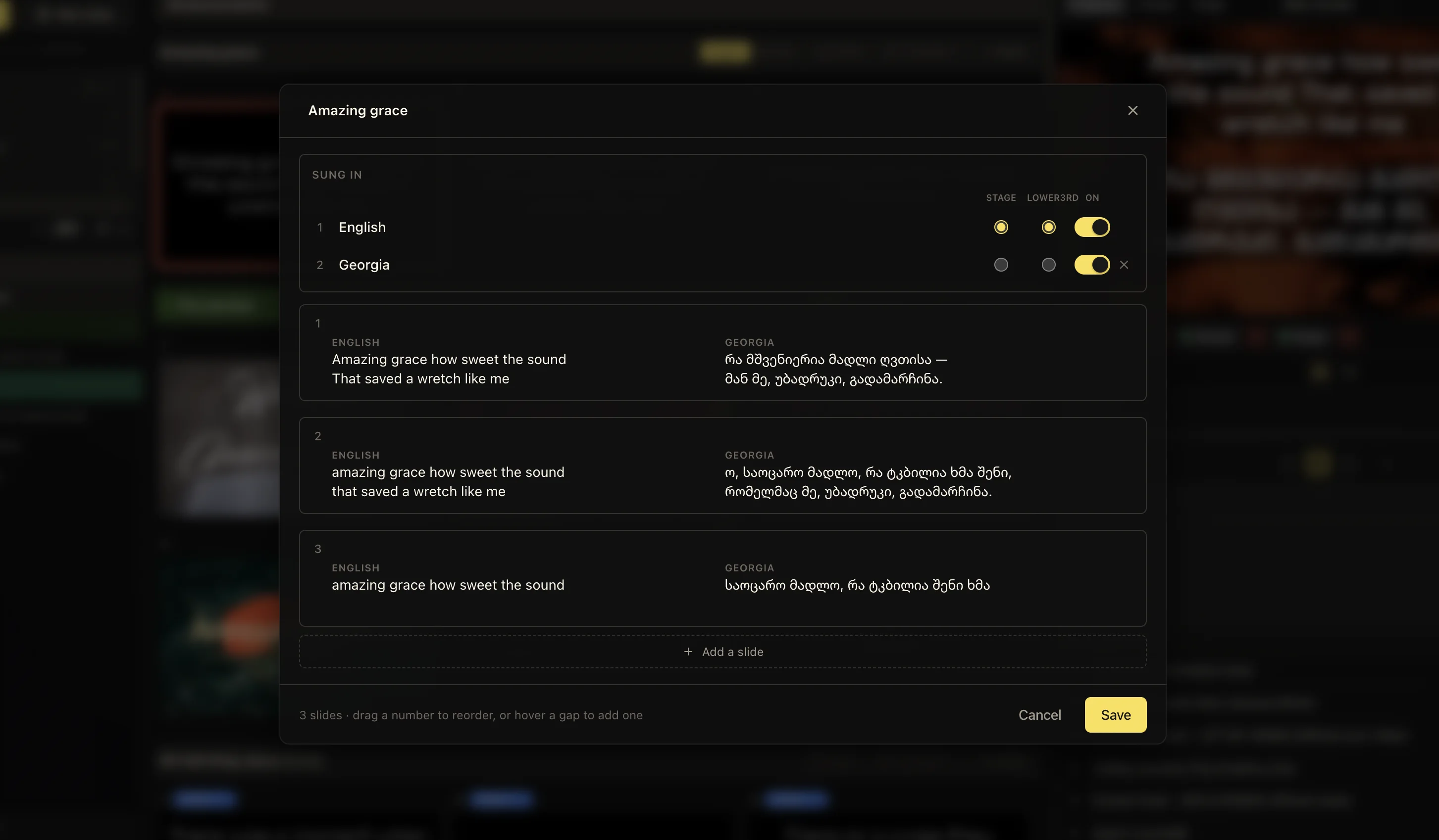 LlamaPresenter song editor with English and Georgian lyrics entered side by side on synchronized slides