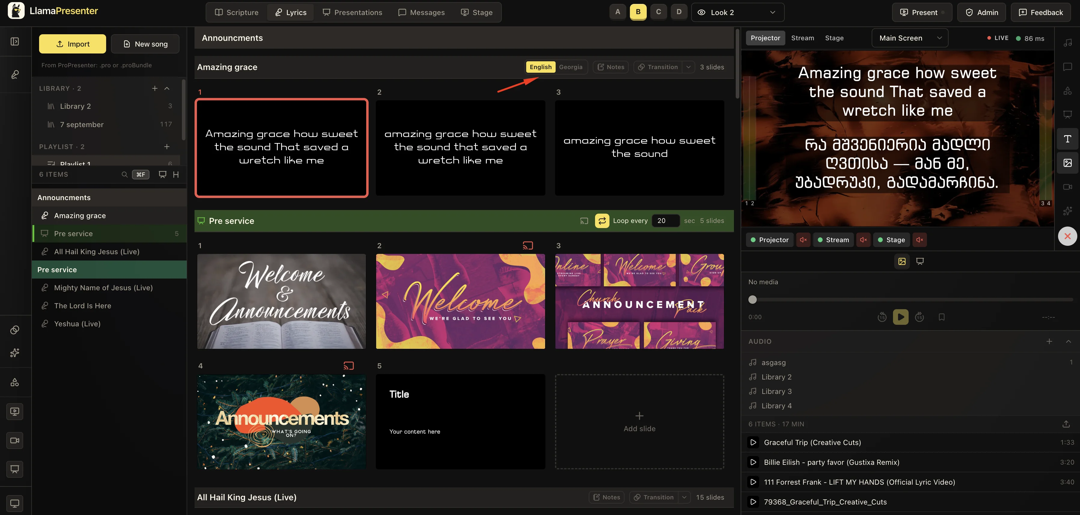 LlamaPresenter Lyrics workspace showing synchronized English and Georgian lyrics on the live projector output