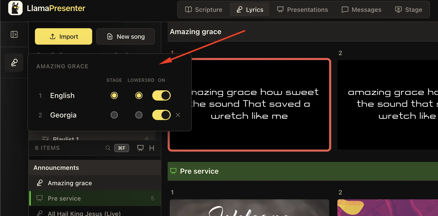 LlamaPresenter language controls for an English and Georgian song with projector, stage, and lower-third choices