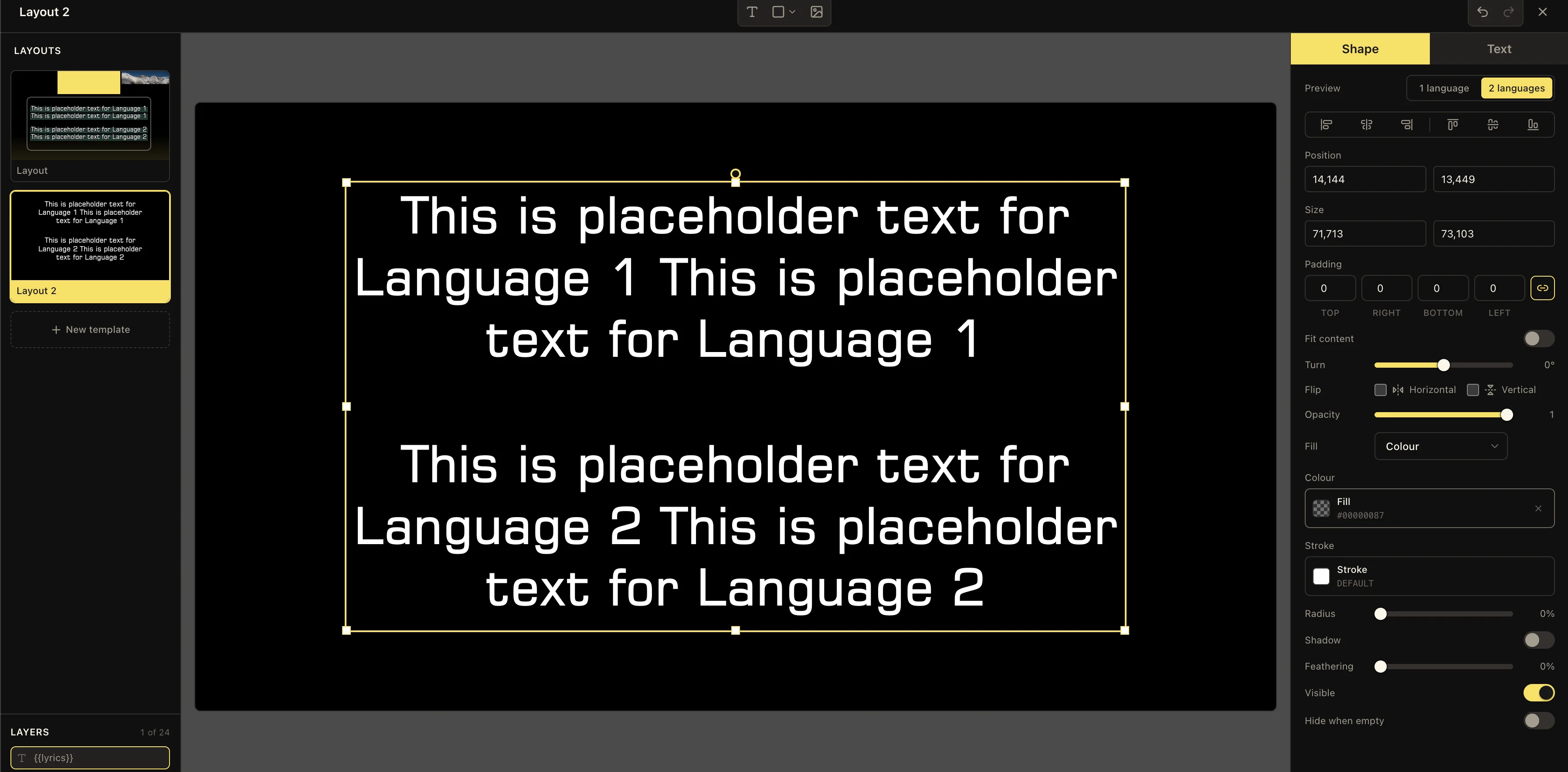 LlamaPresenter template editor previewing two stacked lyric languages on the canvas