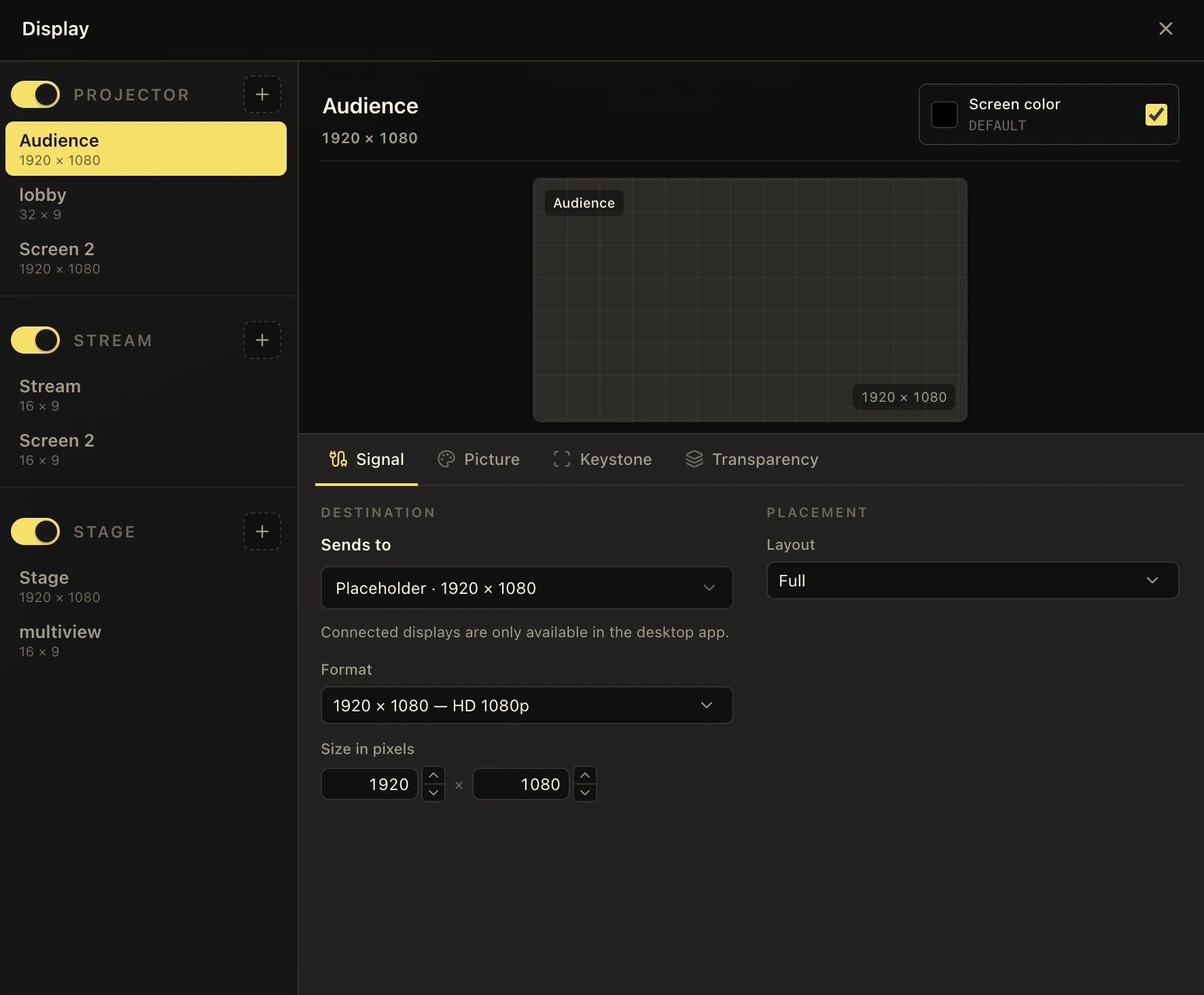 LlamaPresenter Display window with Projector, Stream, and Stage screen groups and Audience destination and resolution settings