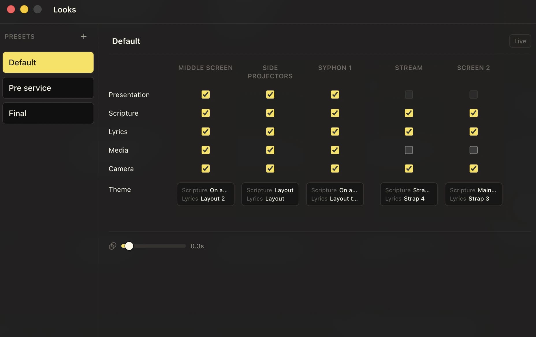 LlamaPresenter Looks editor with named presets, per-screen content checkboxes, and Scripture and Lyrics theme selections