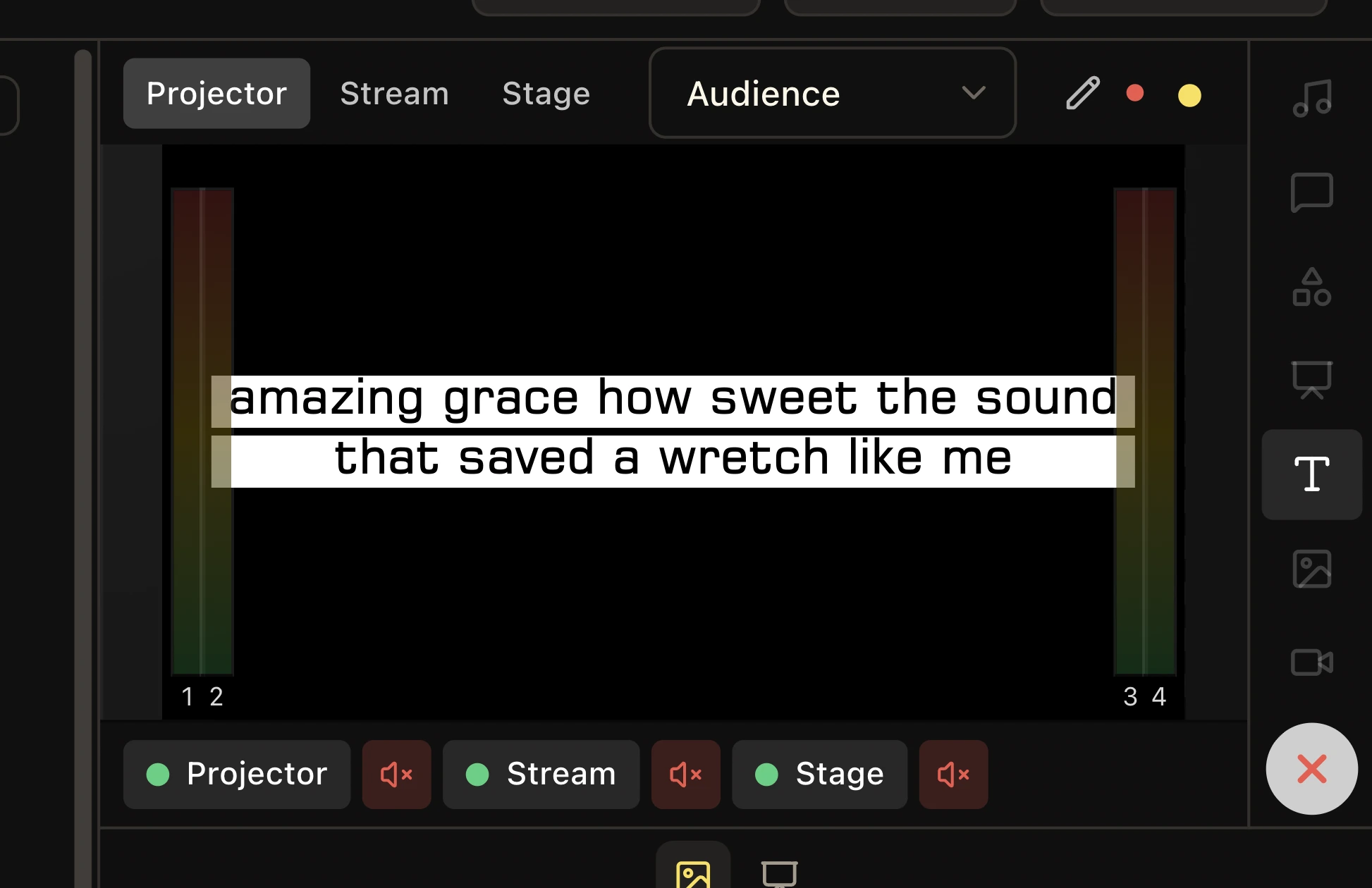 LlamaPresenter output preview with Projector, Stream, and Stage tabs, Audience selected, lyric strips, and output controls
