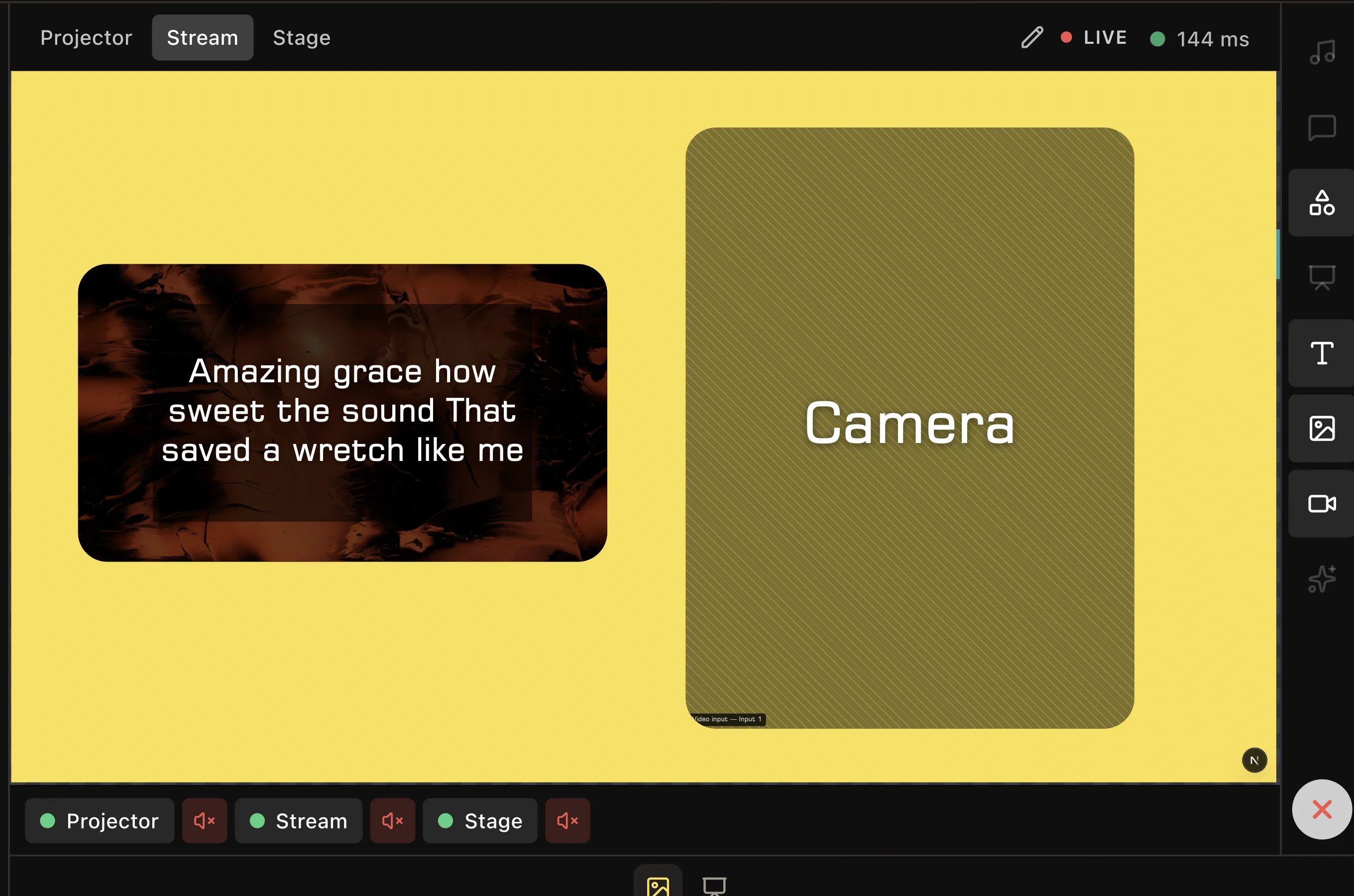 LlamaPresenter Stream preview showing a reusable prop composition with a screen preview and camera input