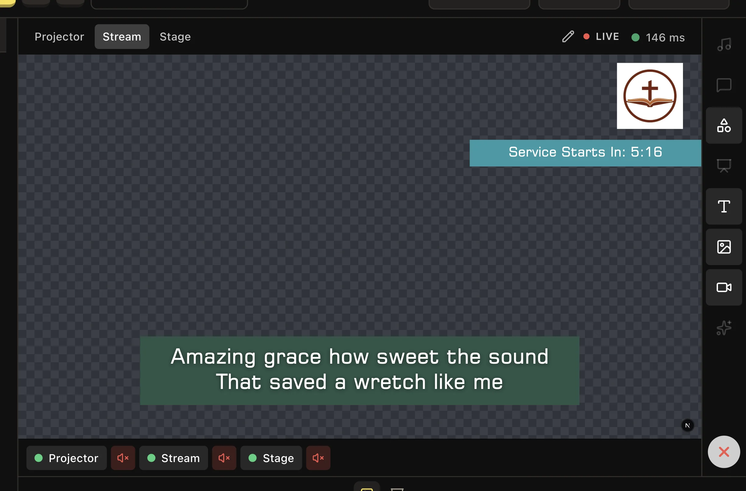 LlamaPresenter Stream preview showing a church logo and service-start countdown above live lyrics