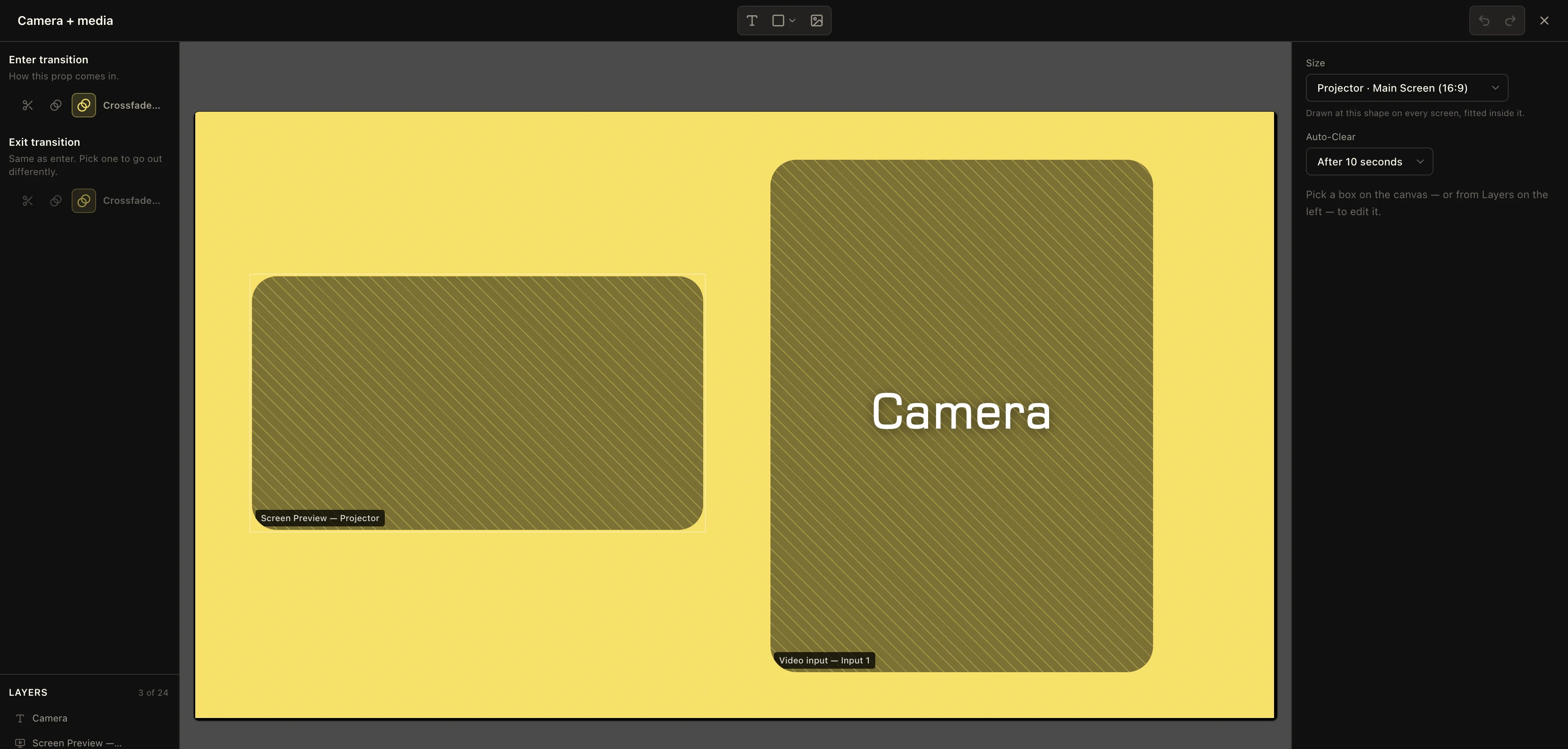 LlamaPresenter prop editor showing separate enter and exit transitions and an Auto-Clear setting