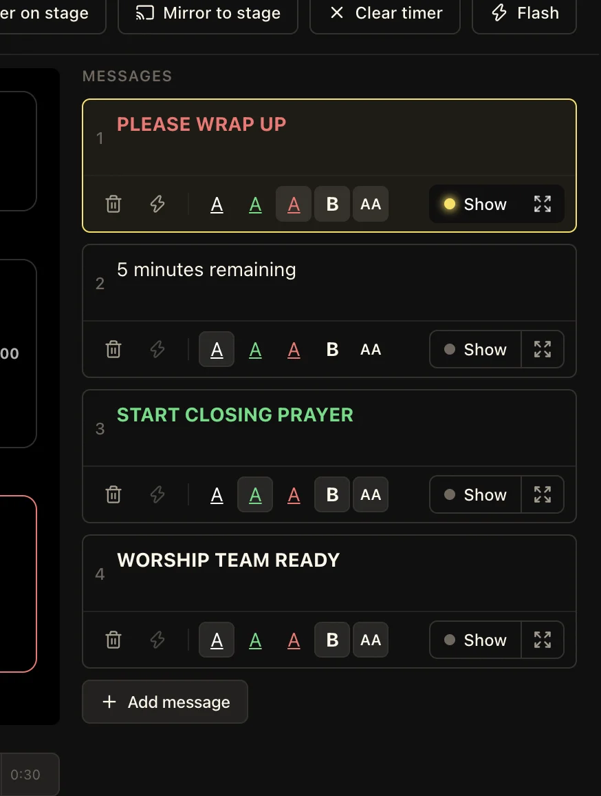 LlamaPresenter stage messages prepared with different colours, sizes, and show controls