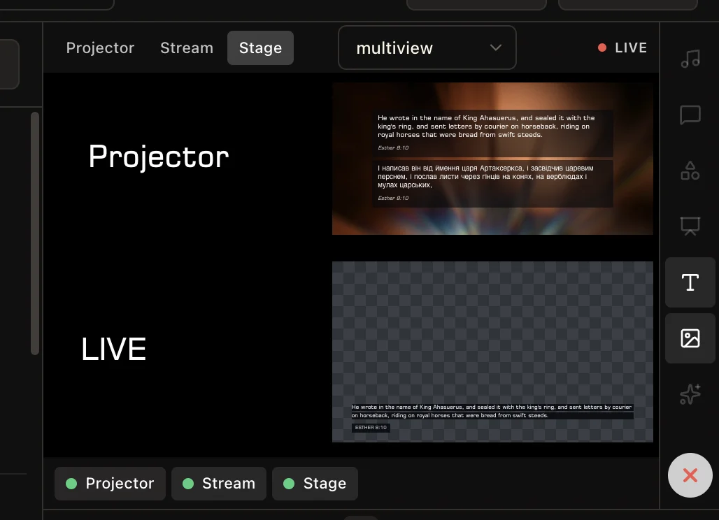 LlamaPresenter Multiview showing projector, livestream, and stage outputs with connection indicators