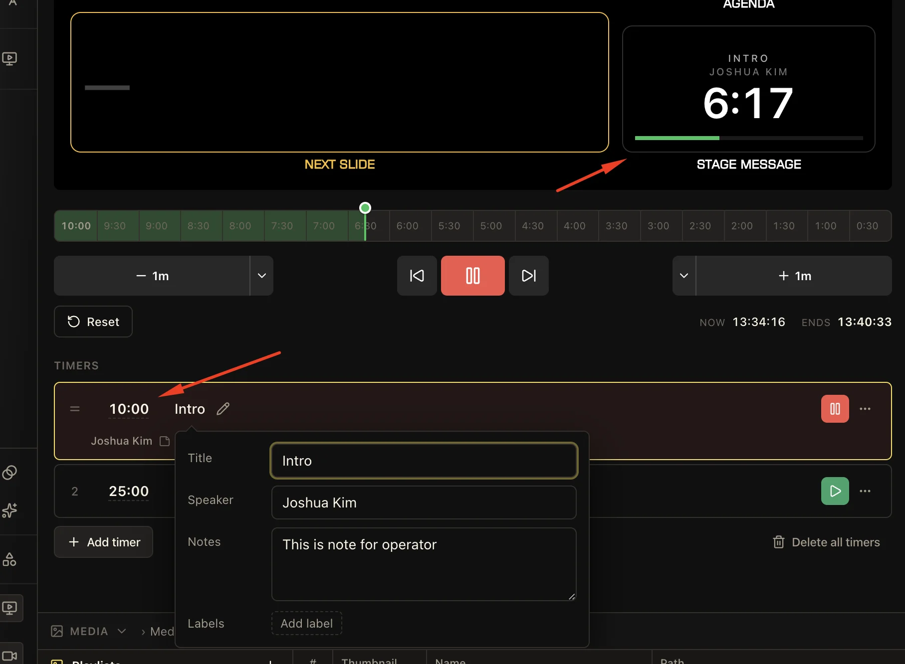 LlamaPresenter stage timer controls with named timers, speaker details, notes, progress, pause controls, and time adjustments