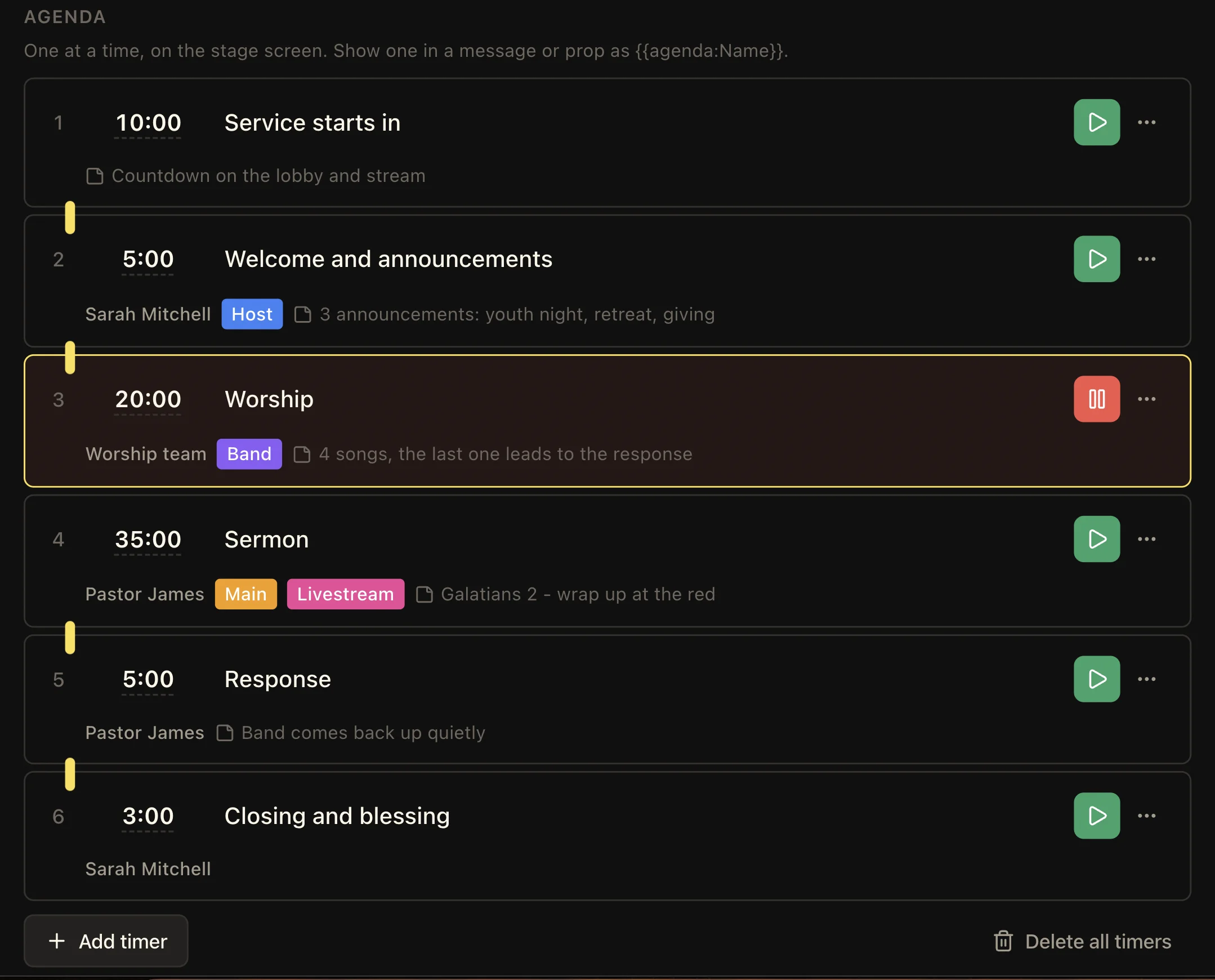 Agenda list with six service items and Worship running