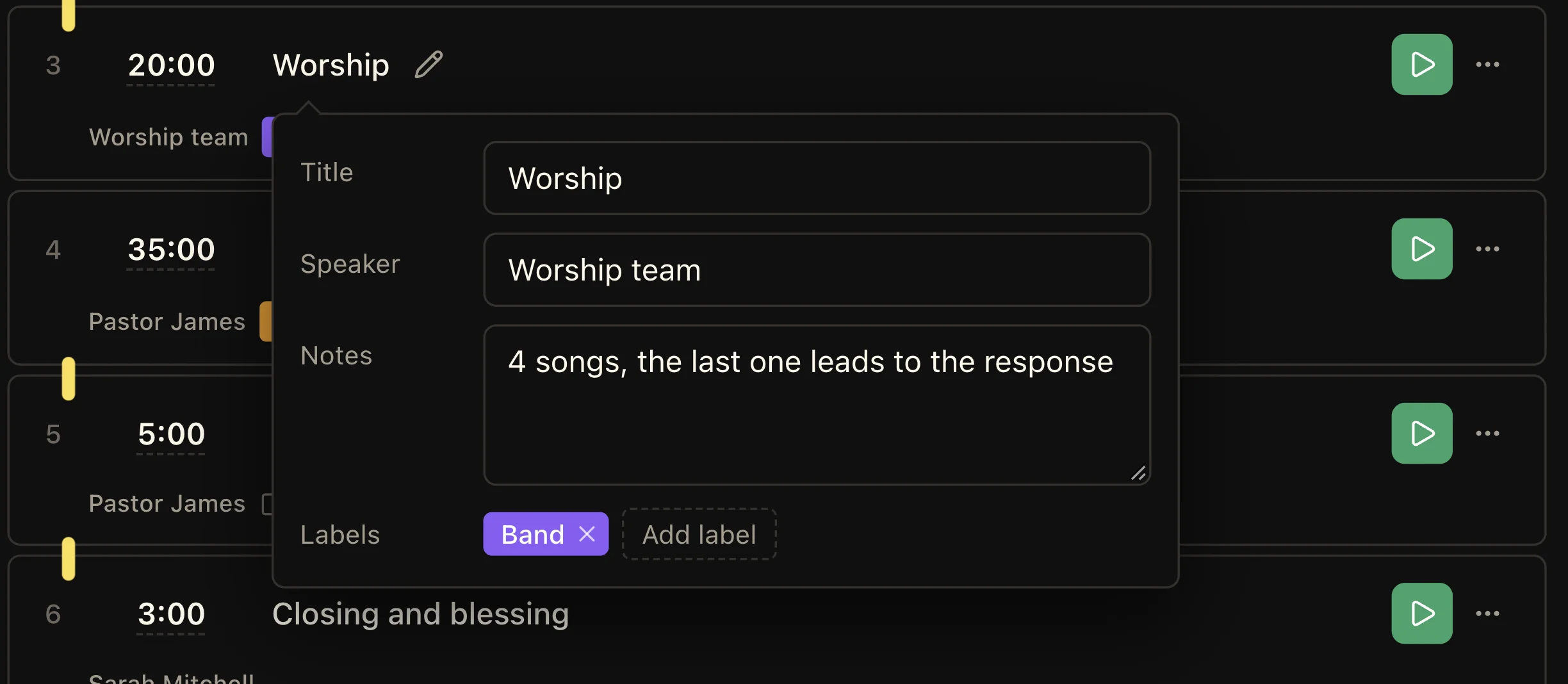 Timer details editor with Worship title, Worship team speaker, notes, and Band label
