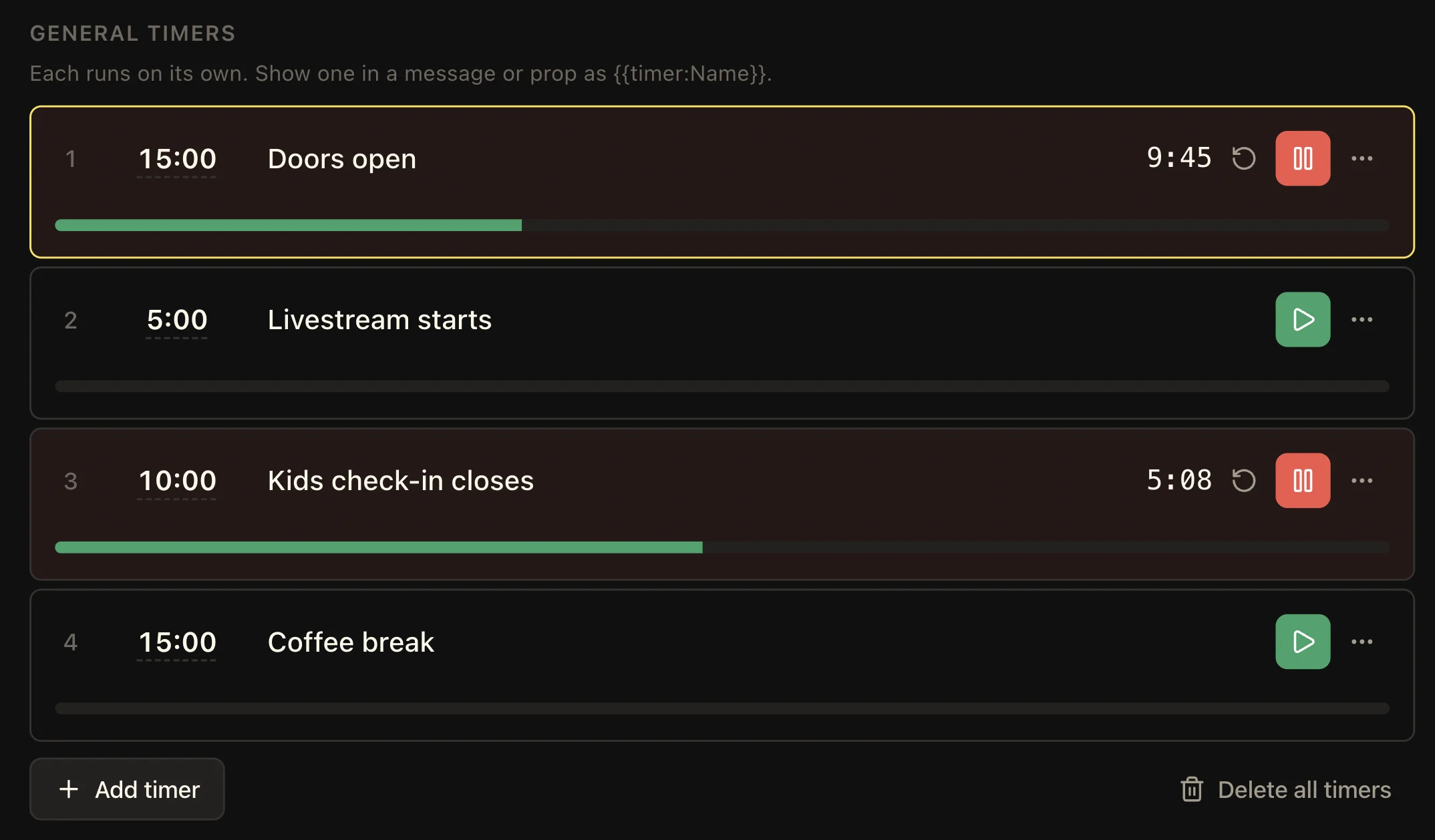 General timers showing Doors open and Kids check-in closes running simultaneously