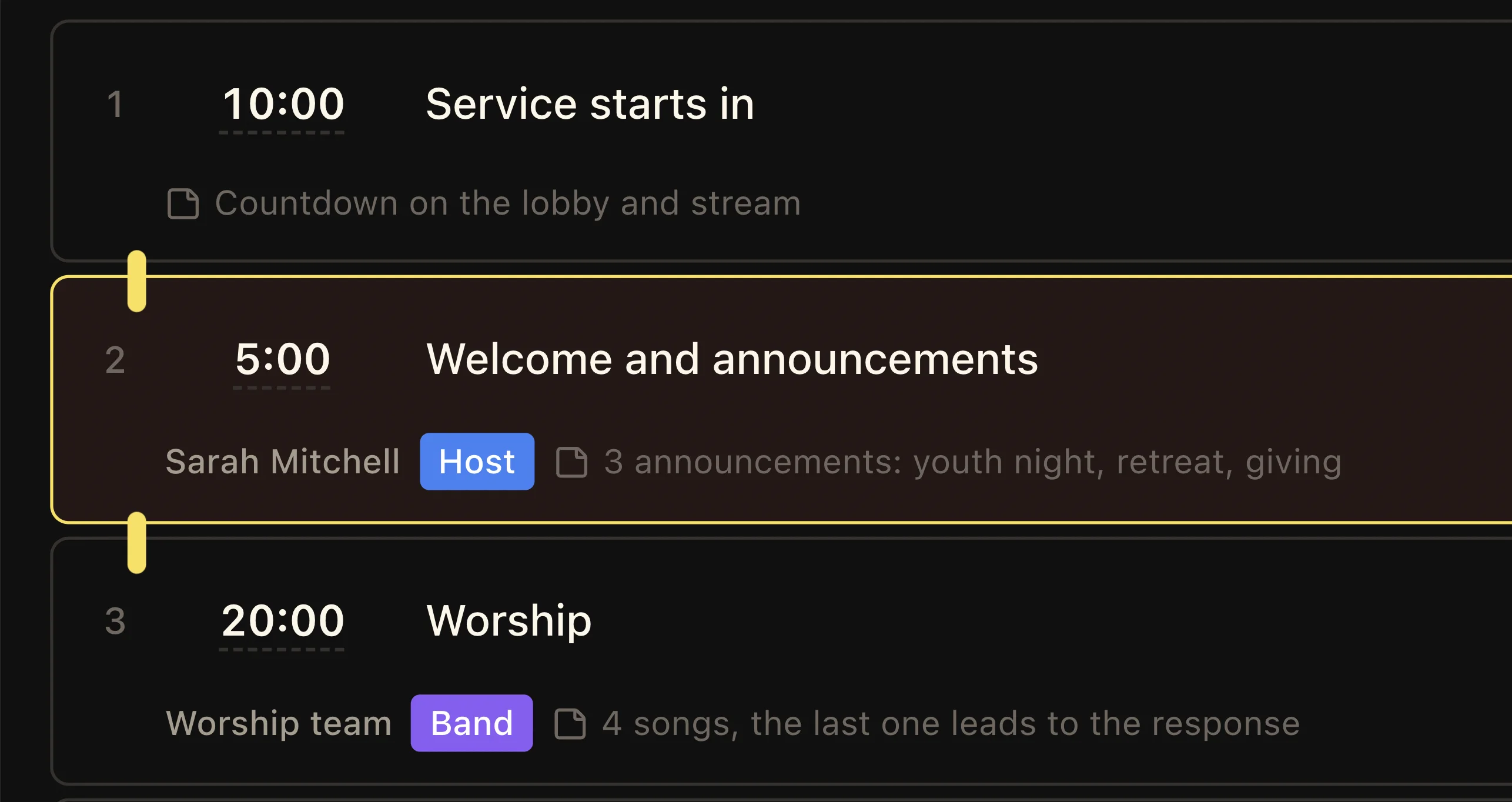 Agenda rows joined by yellow link markers between Service starts in, Welcome and announcements, and Worship