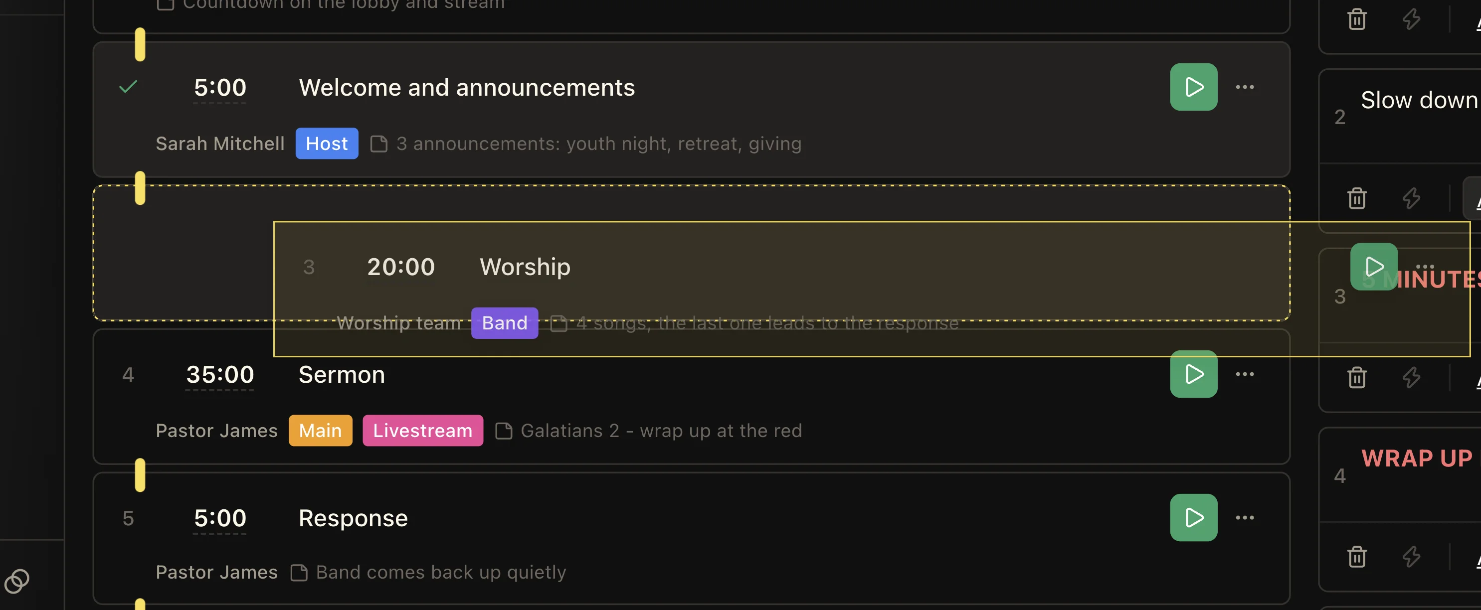 Worship timer being dragged within the Agenda list with an insertion highlight