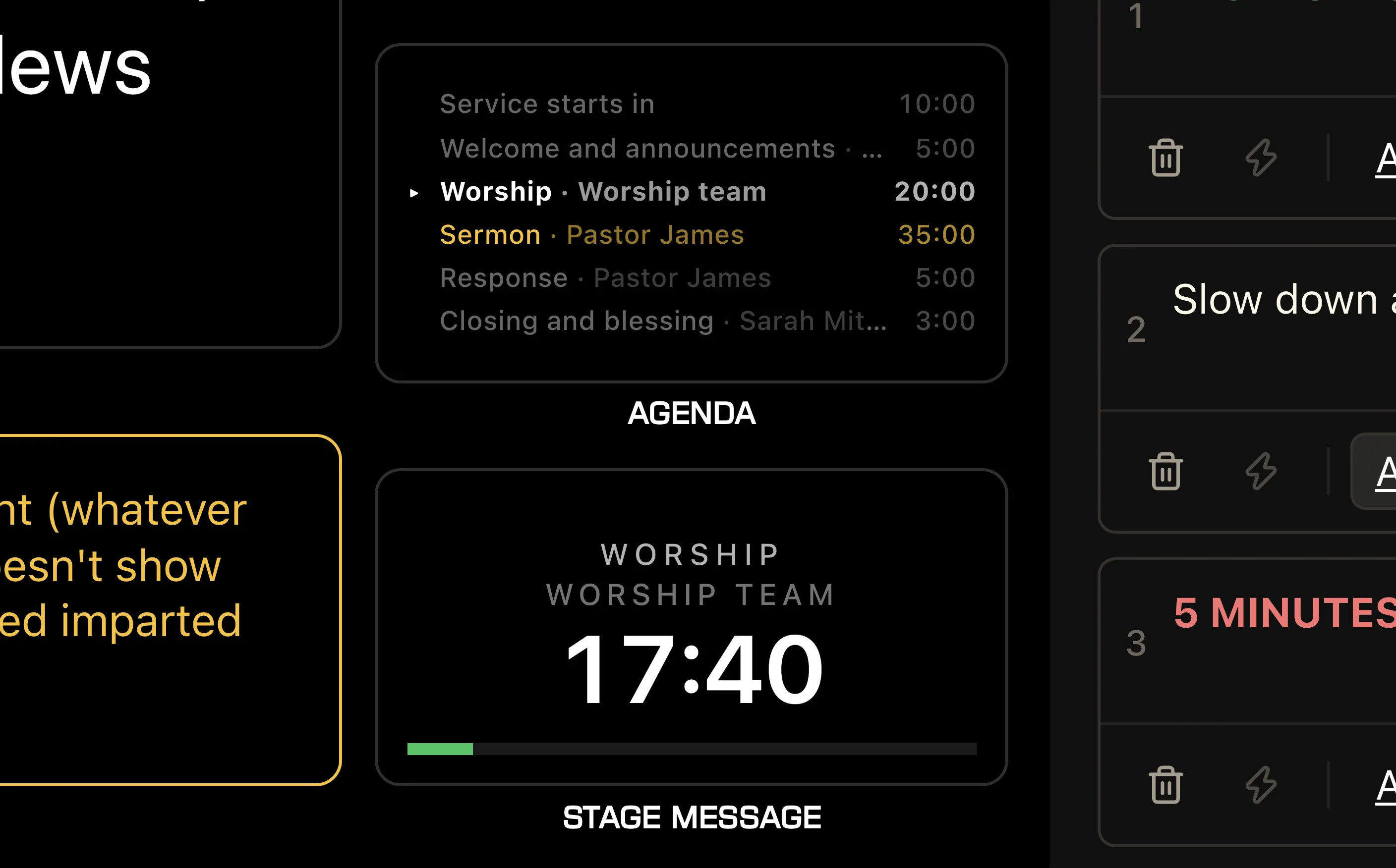 Stage dashboard showing the Agenda, active Worship timer, speaker, and progress bar