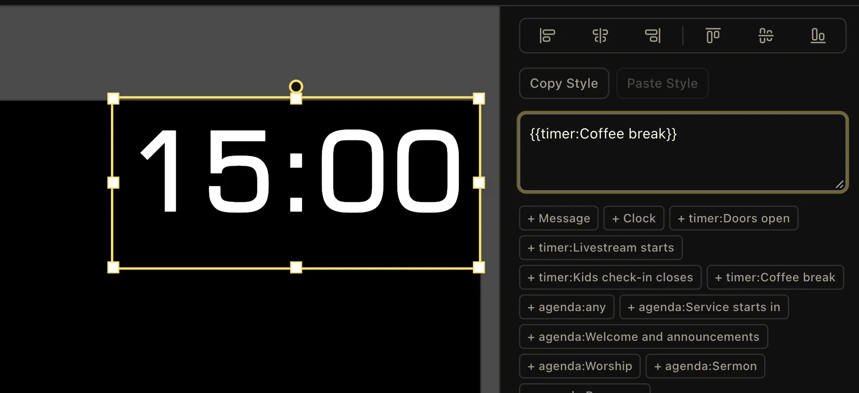Text editor containing {{timer:Coffee break}} with timer and agenda variable insertion buttons