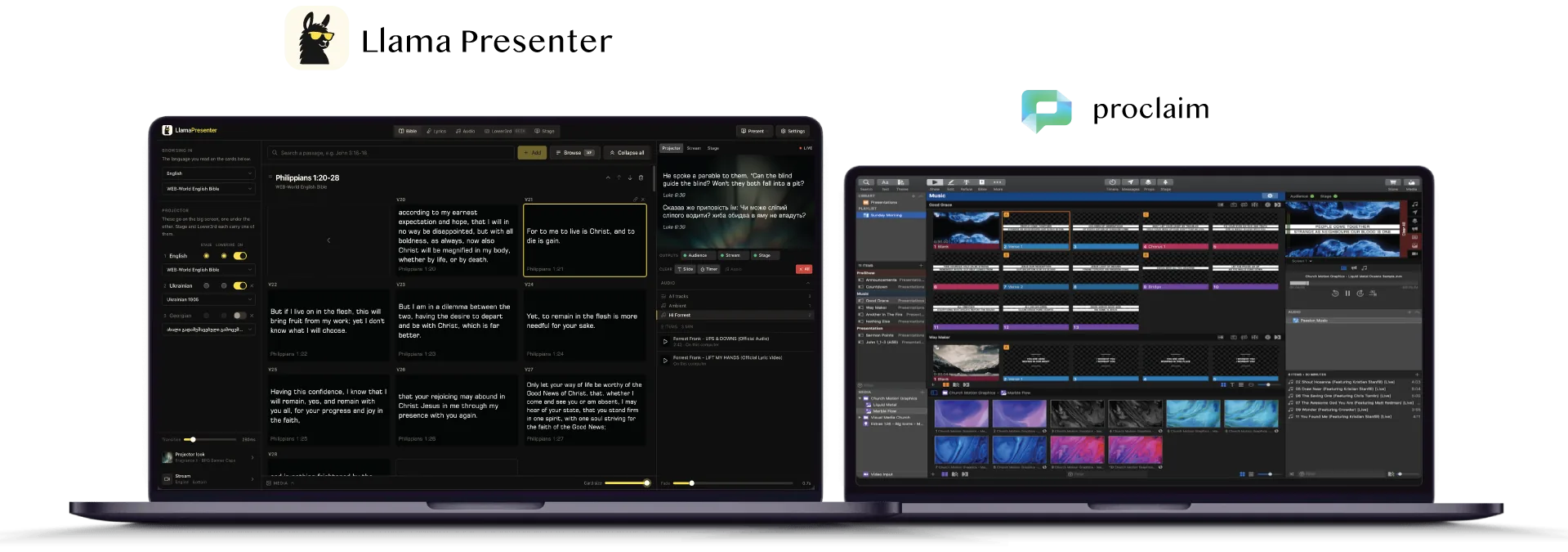 The LlamaPresenter console open in a browser on one laptop, with the Proclaim application running on a second laptop beside it
