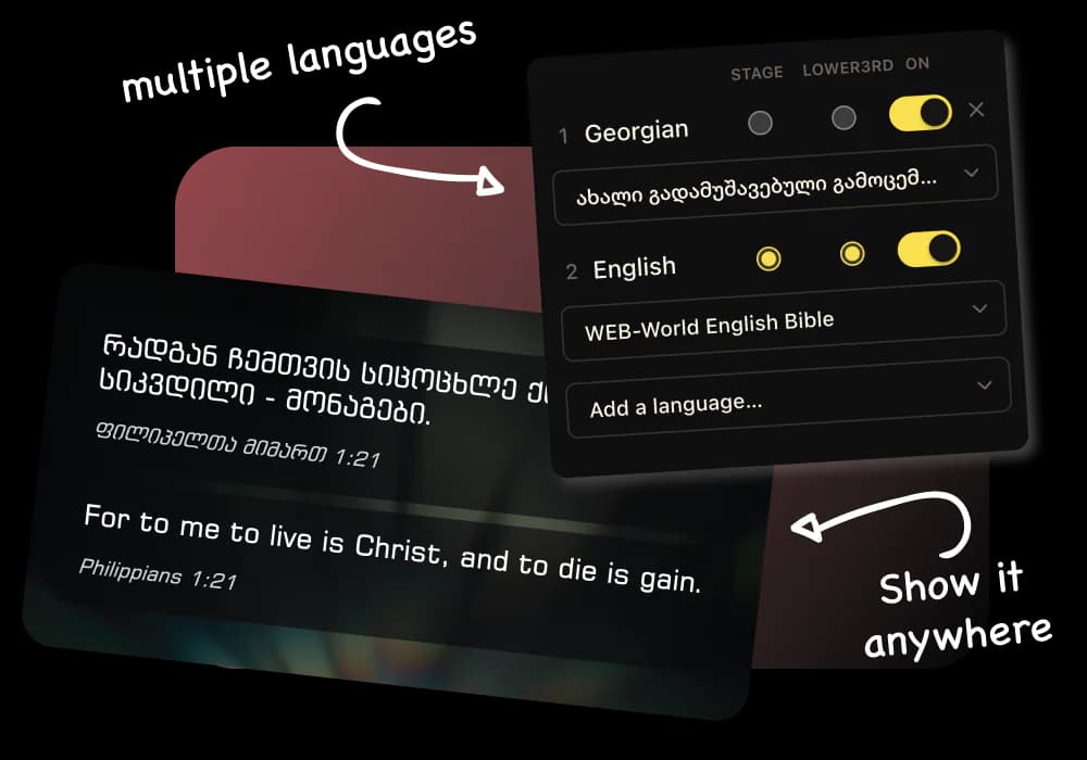 A slide carrying the same verse in Georgian and English, beside the panel that chooses each language