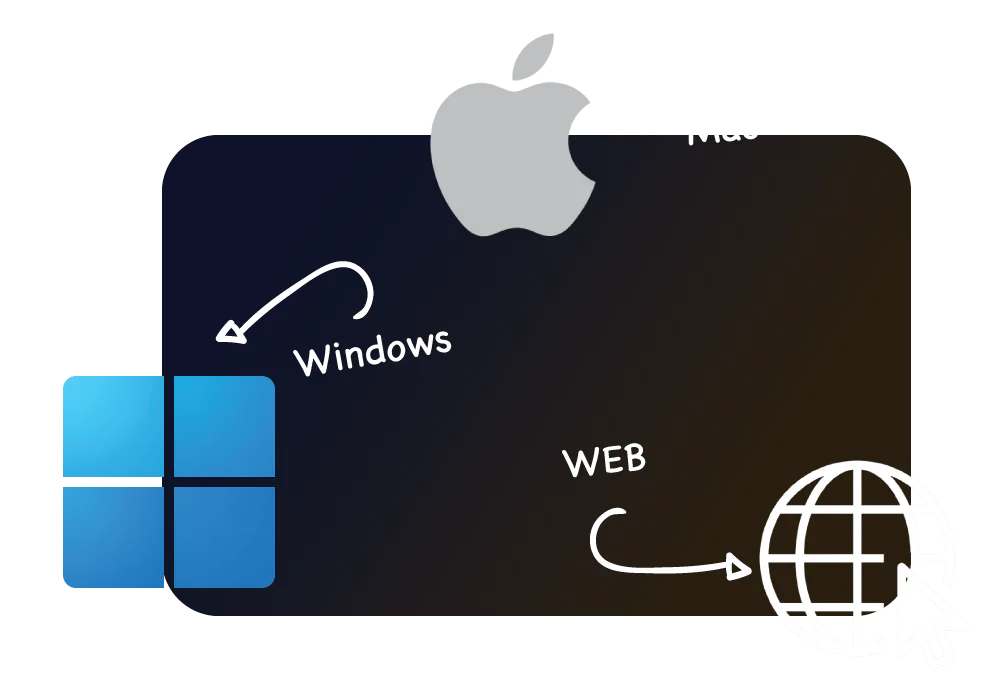 The Apple and Windows logos and a globe, one for each place LlamaPresenter runs