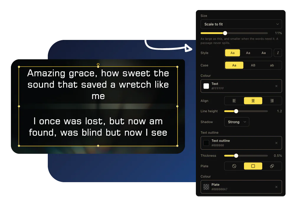 The template editor with a lyric text box selected and its size, case, color and outline in the panel beside it