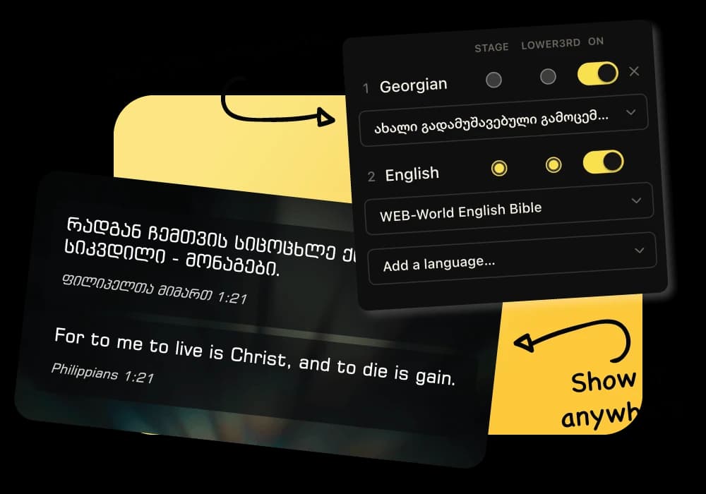 A slide carrying the same verse in Georgian and English, beside the panel that arms each language and picks its translation