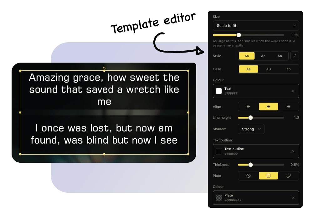 The template editor: a text box selected on the canvas, with its size, case, colour, alignment, outline and plate in the panel beside it