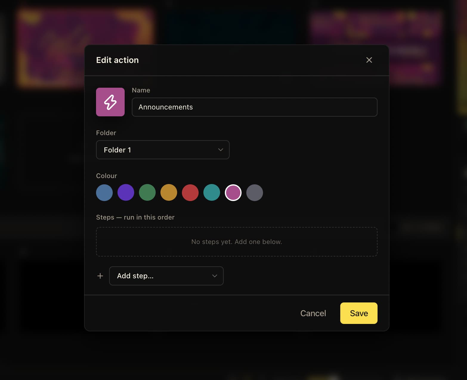 Edit action dialog naming an Announcements action, choosing a purple colour, and showing an empty step list