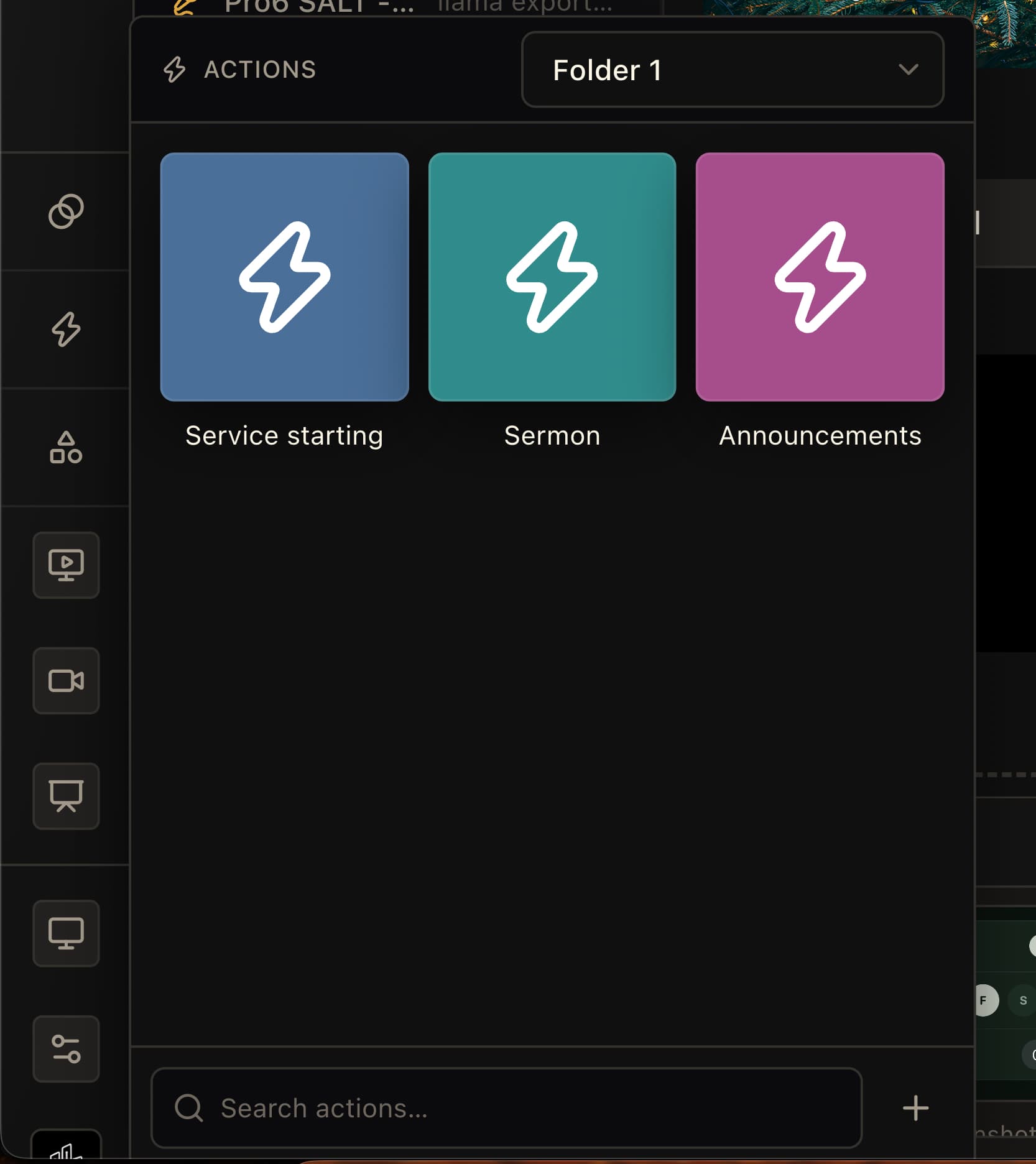 Actions panel with blue Service starting, turquoise Sermon, and purple Announcements tiles in Folder 1