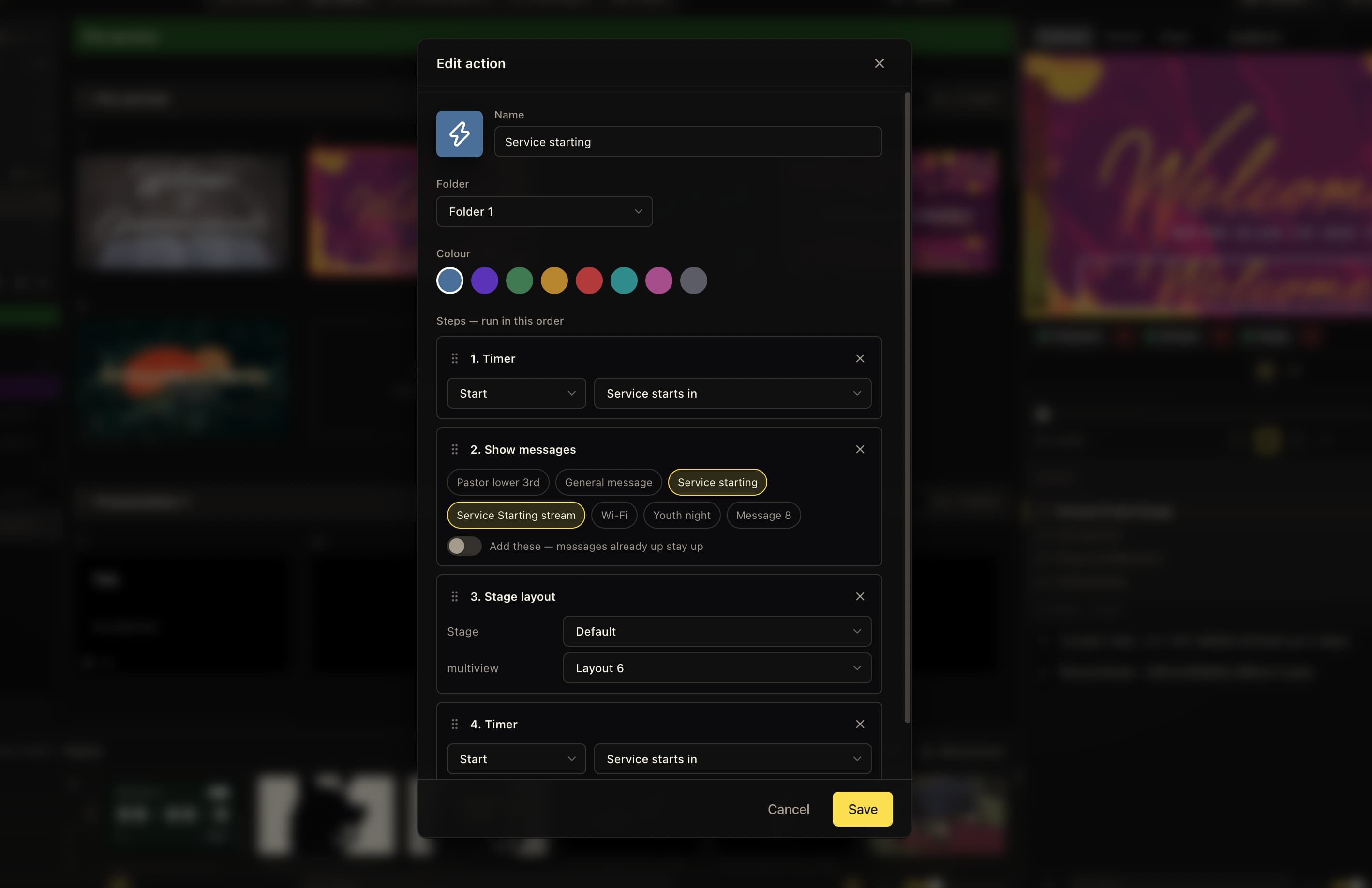 Service starting action with Timer Start, two selected messages, separate Stage and multiview layout choices, and another Timer step