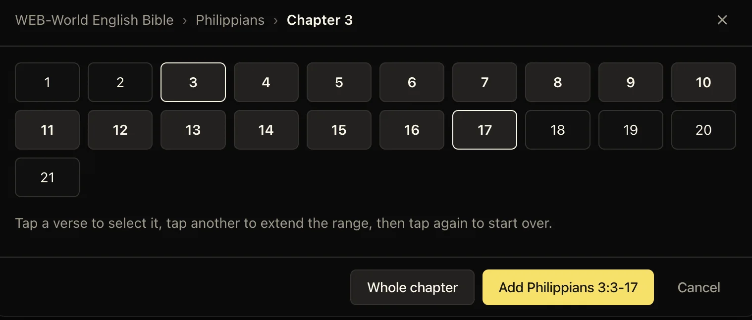 LlamaPresenter Bible browser selecting Philippians chapter 3 verses 3 through 17