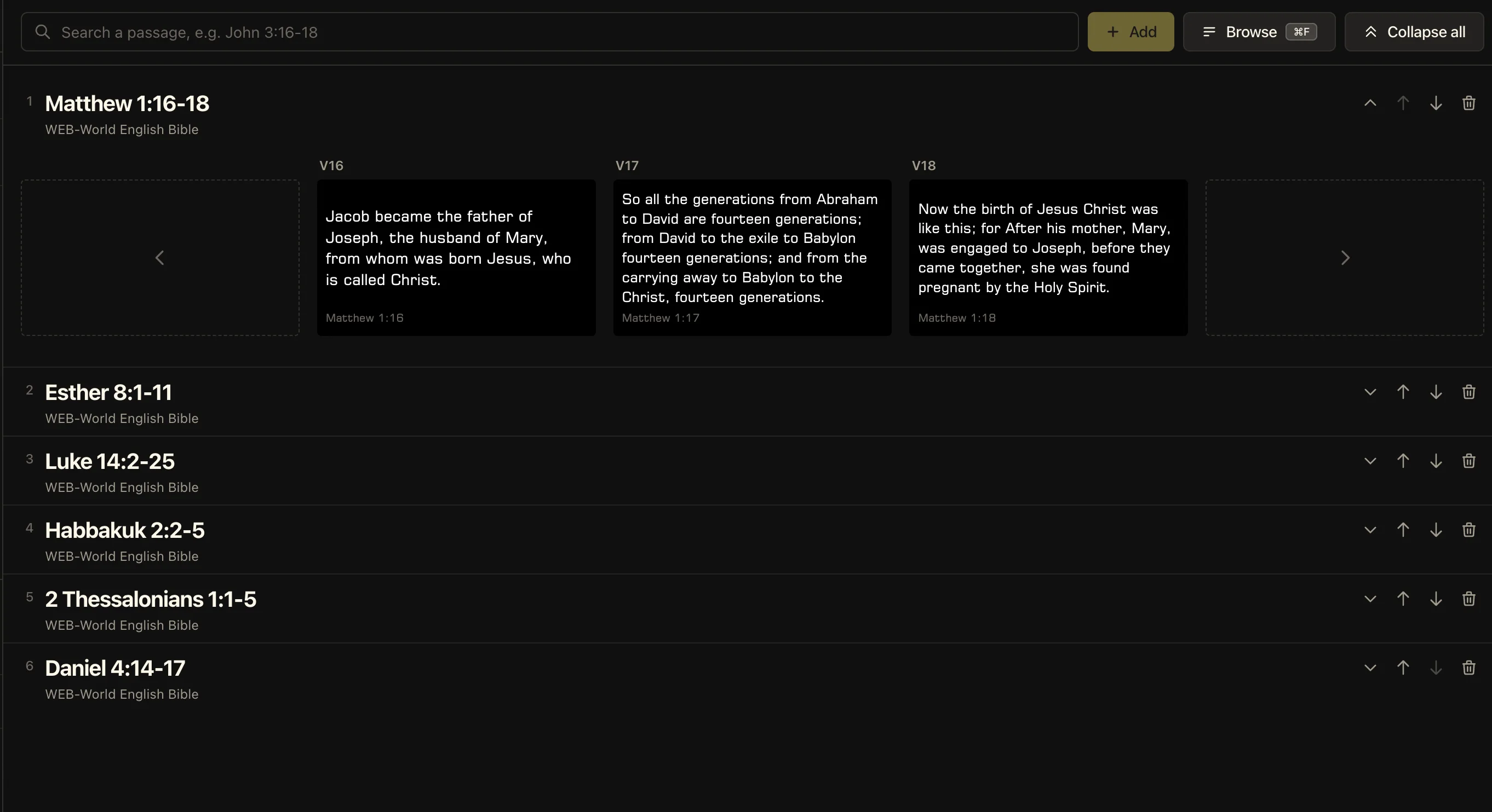 LlamaPresenter Scripture workspace with a reference search bar and several prepared Bible passages