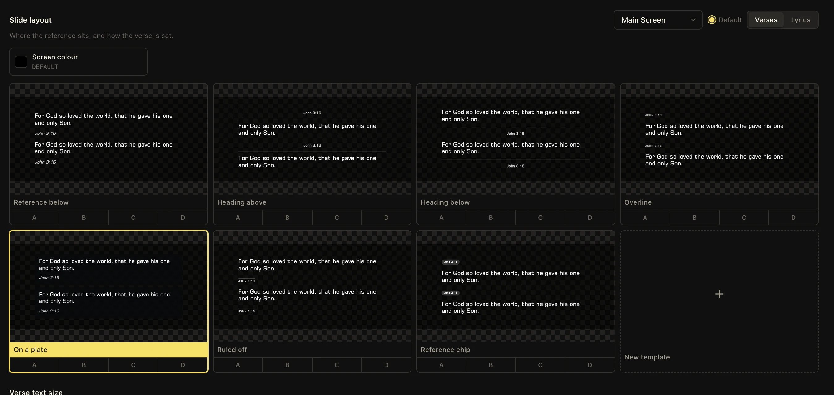 LlamaPresenter scripture slide layout gallery with several verse and reference arrangements
