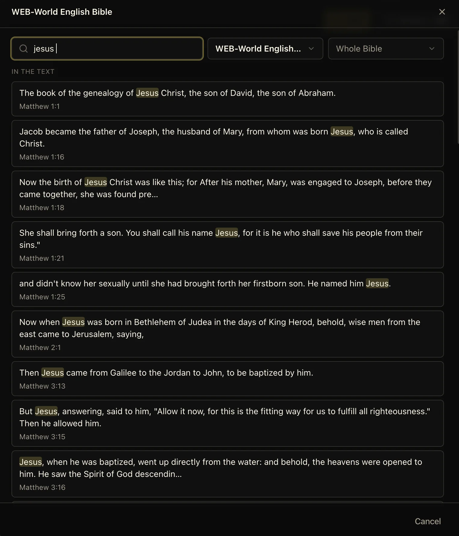 LlamaPresenter Bible text search showing verses containing the word Jesus