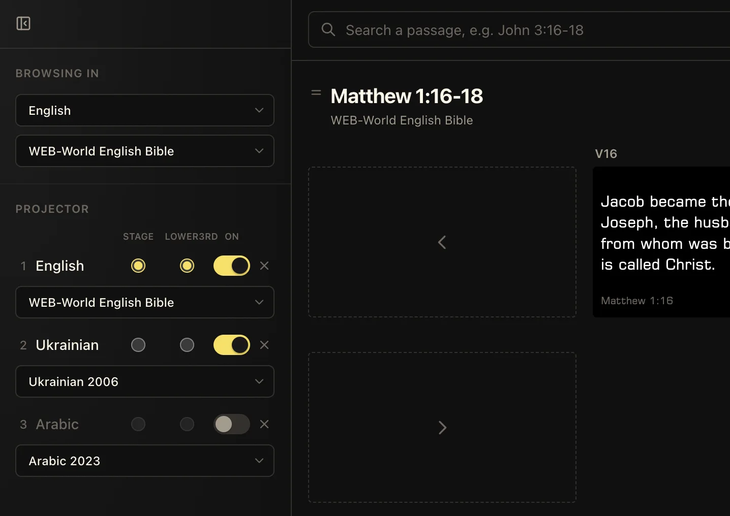 LlamaPresenter scripture controls with English, Ukrainian, and Arabic translations and separate stage and lower-third choices