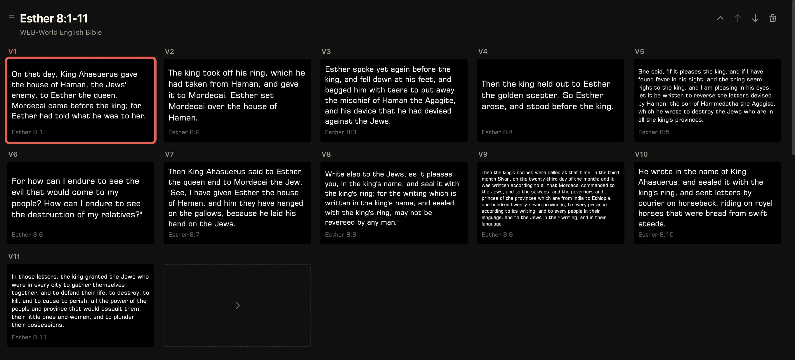 LlamaPresenter showing Esther chapter 8 as individual selectable verse cards